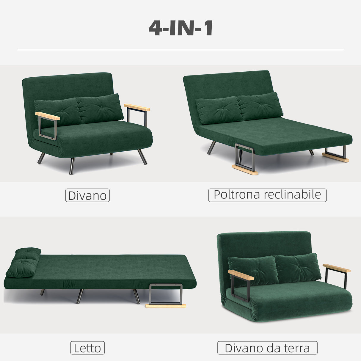 easycomfort easycomfort divano letto 3 in 1 in tessuto effetto velluto con schienale regolabile e 2 cuscini 102x73x81 cm verde