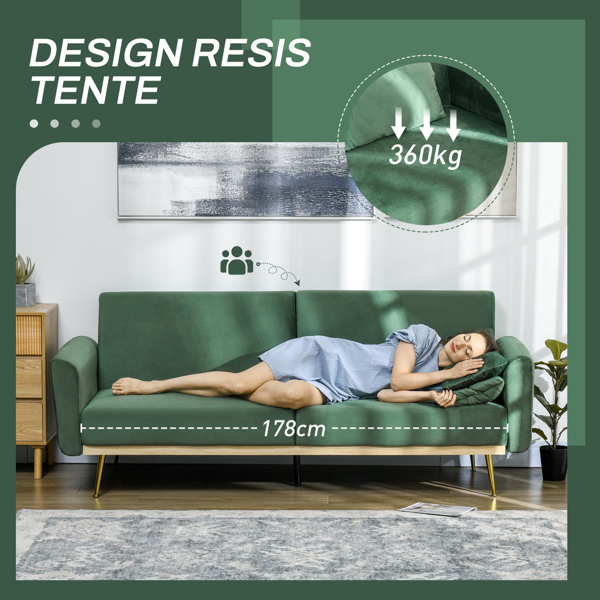 easycomfort easycomfort divano letto 3 posti con design clic clac e 2 cuscini in tessuto effetto velluto 206x81x83 cm verde