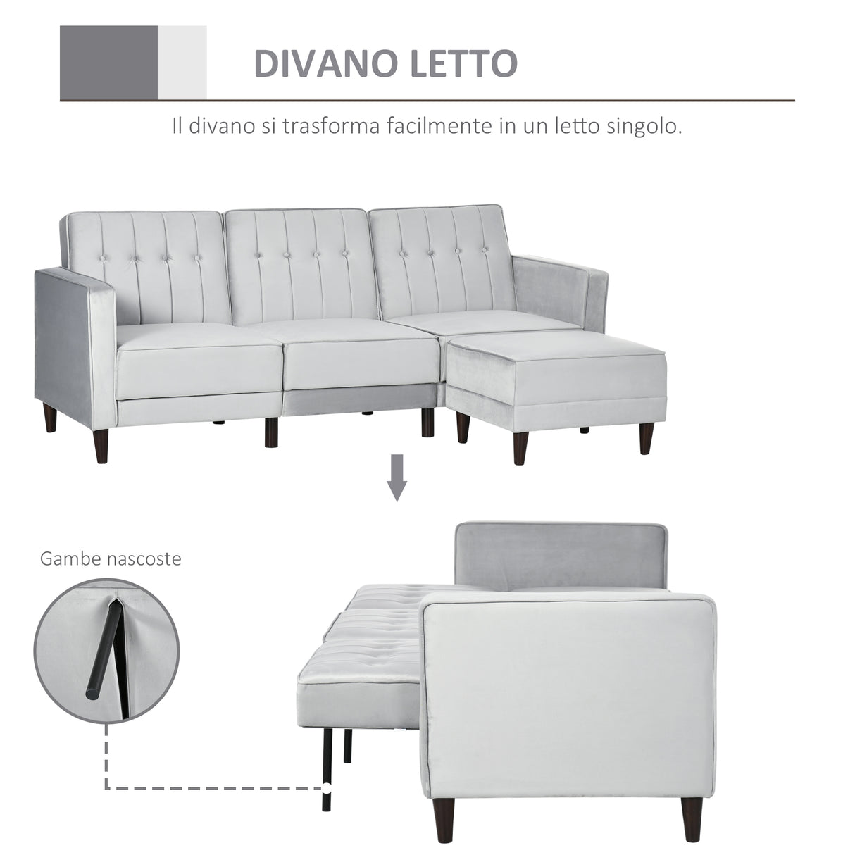 easycomfort easycomfort divano letto 3 posti con poggiapiedi e schienale reclinabile rivestimento velluto e seduta imbottita 218x85x86 cm grigio chiaro