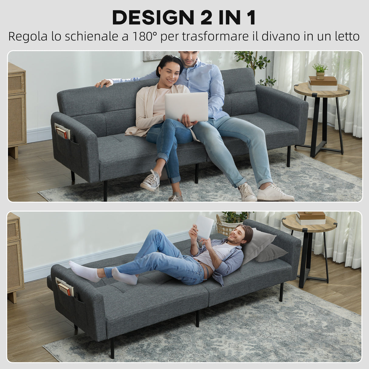 easycomfort easycomfort divano letto clic clac con schienale regolabile in tessuto effetto lino legno e acciaio 200x77x72 cm grigio