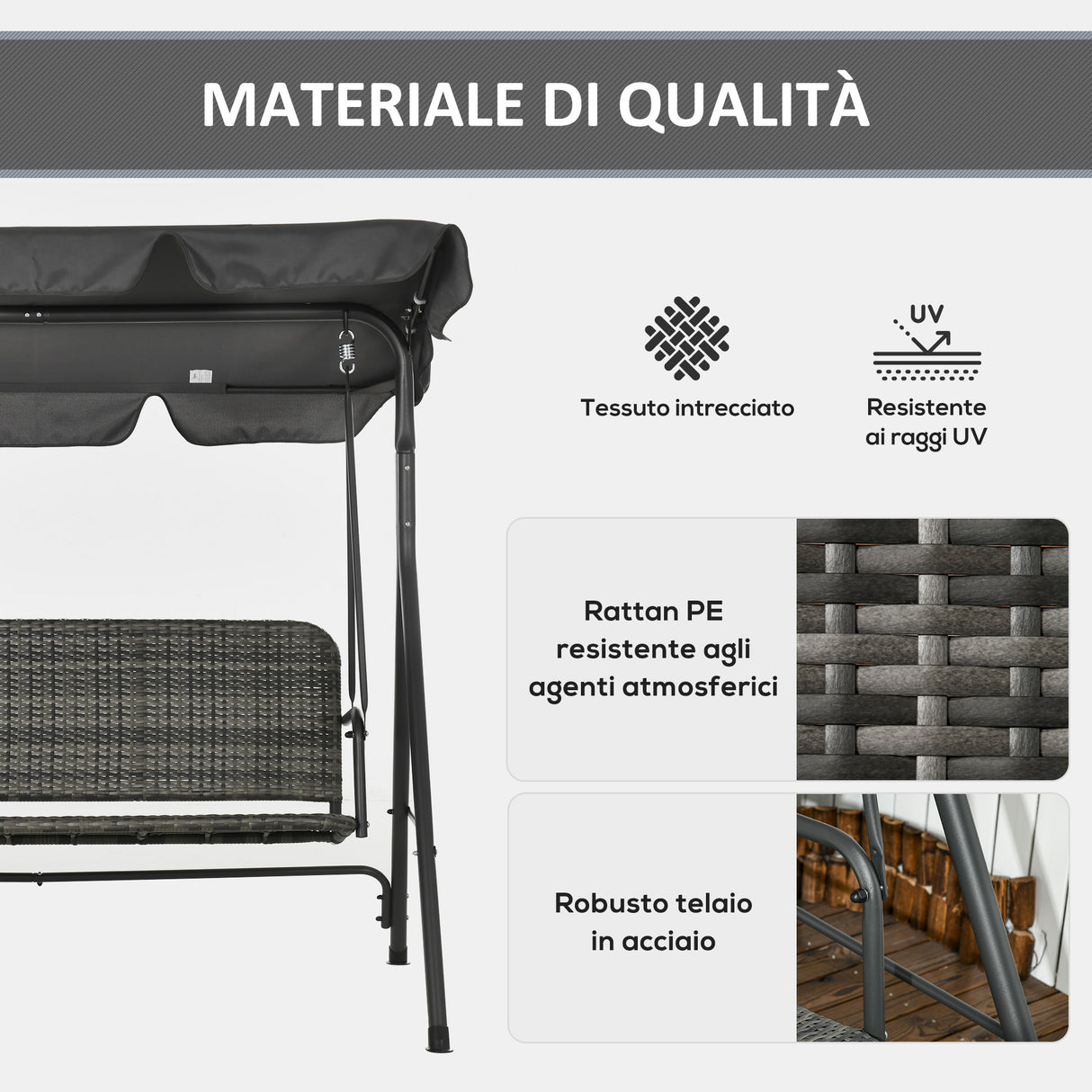 easycomfort easycomfort dondolo da giardino 3 posti con tettuccio regolabile in rattan pe 167x112x153cm grigio scuro