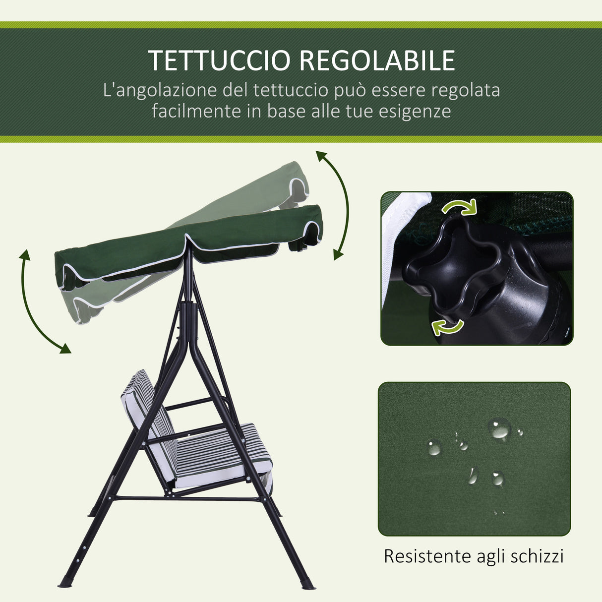 easycomfort easycomfort dondolo da giardino a 3 posti con tettuccio inclinabile e cuscini 172x110x153 cm verde