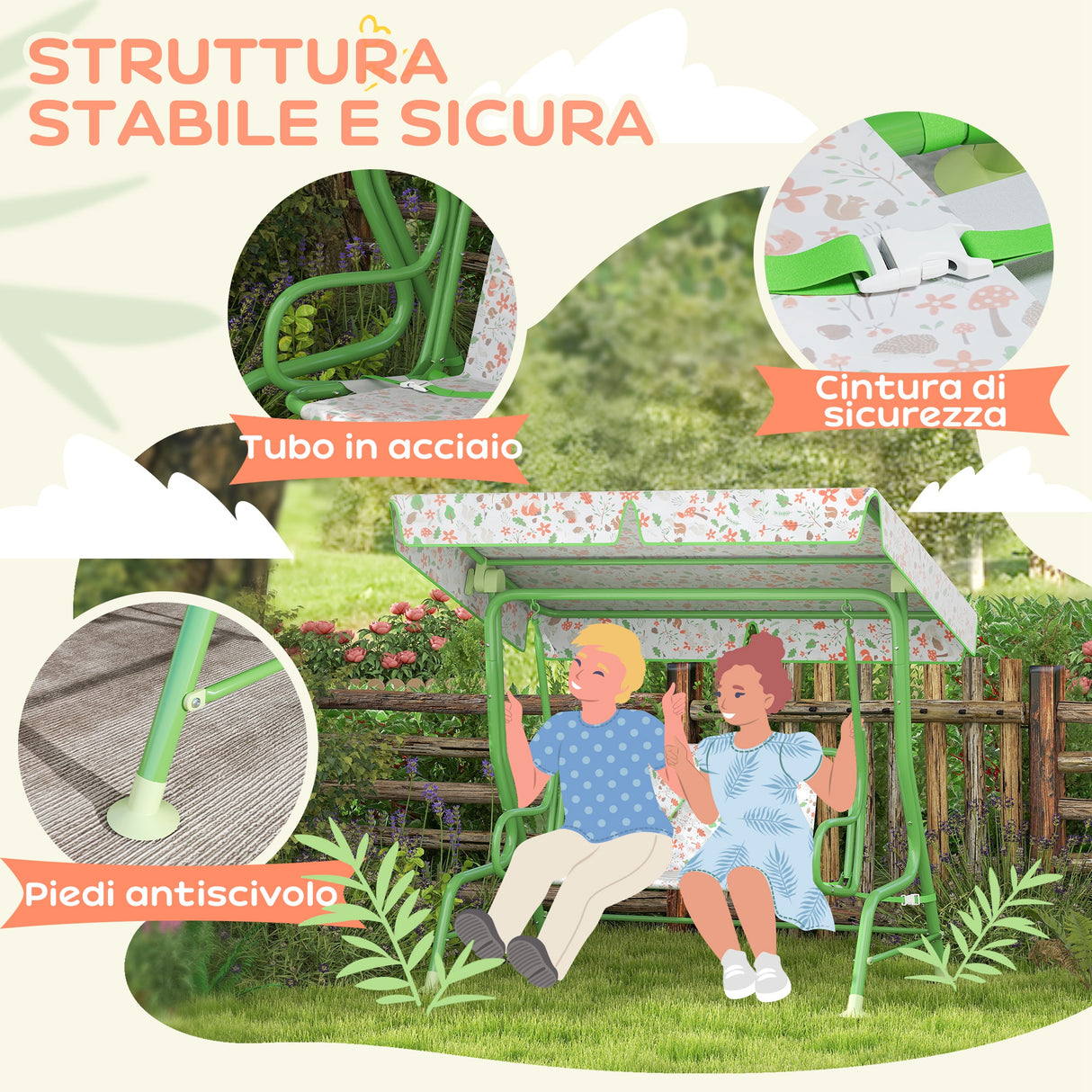 easycomfort easycomfort dondolo per bambini da esterno a 2 posti con tettuccio regolabile e cinture di sicurezza 112x75x120 cm verde