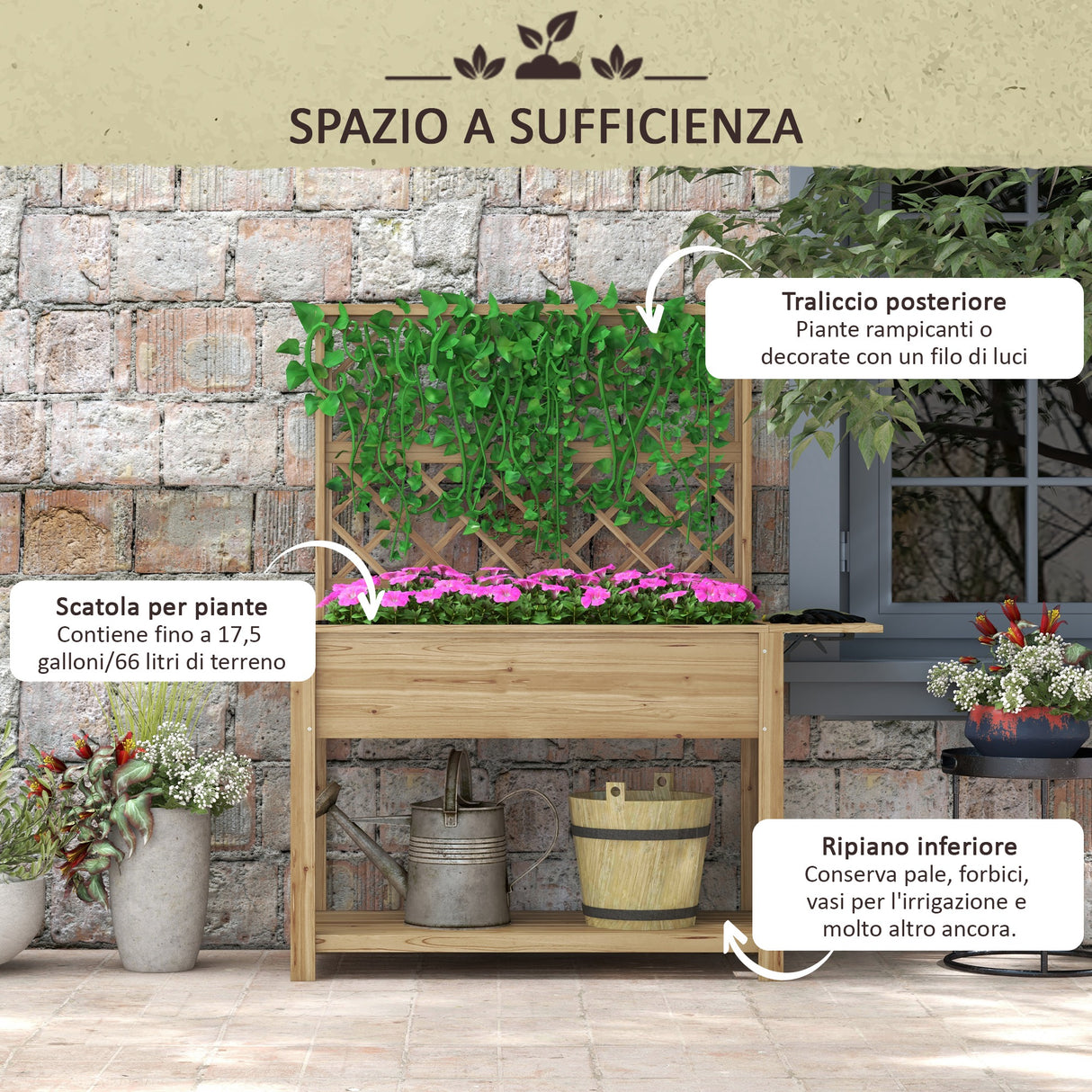 easycomfort easycomfort fioriera con grigliato e ripiani laterali e inferiore in legno di abete 140x45x151 cm