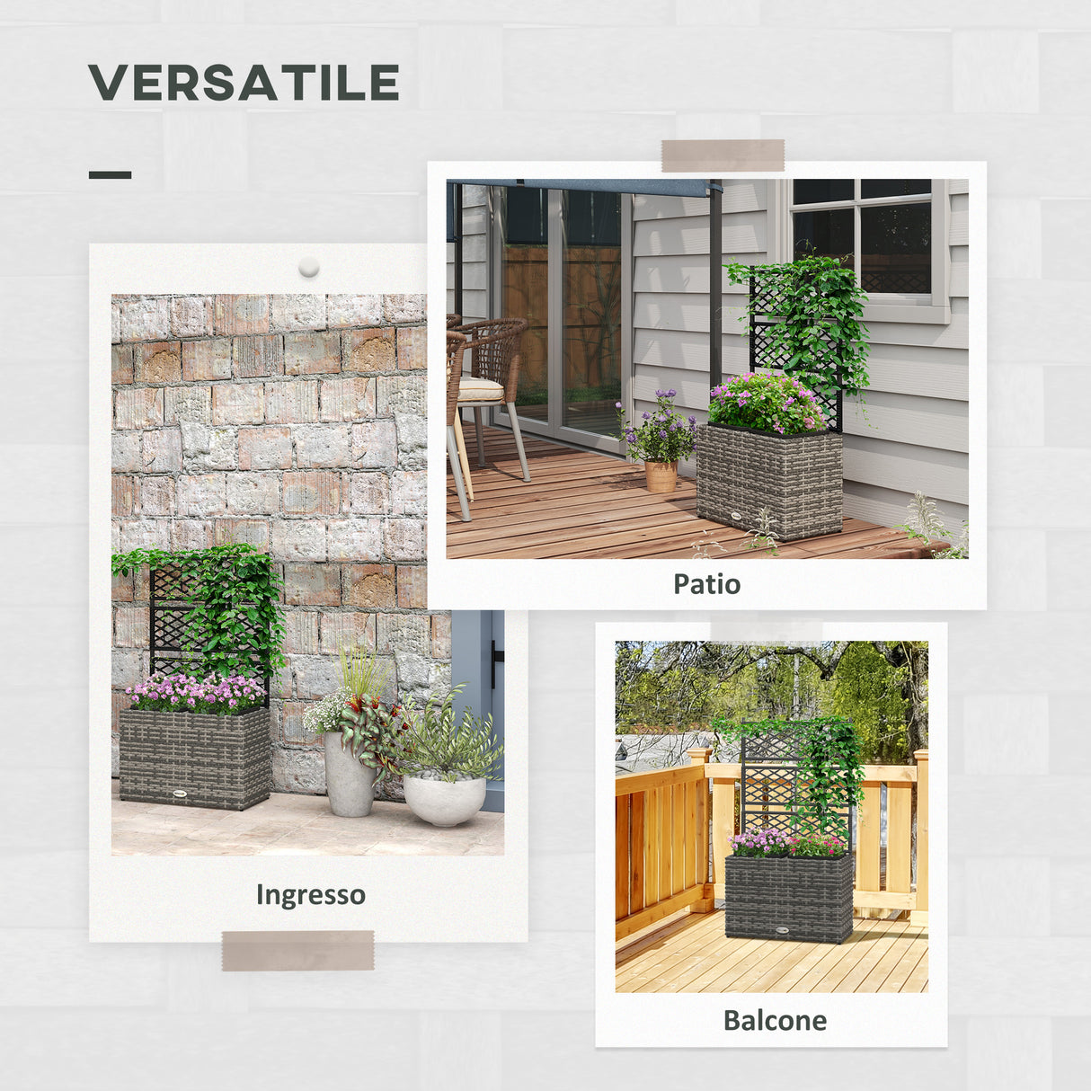 easycomfort easycomfort fioriera con grigliato per rampicanti con 2 vasi in acciaio e rattan pe 57x30x107cm grigio