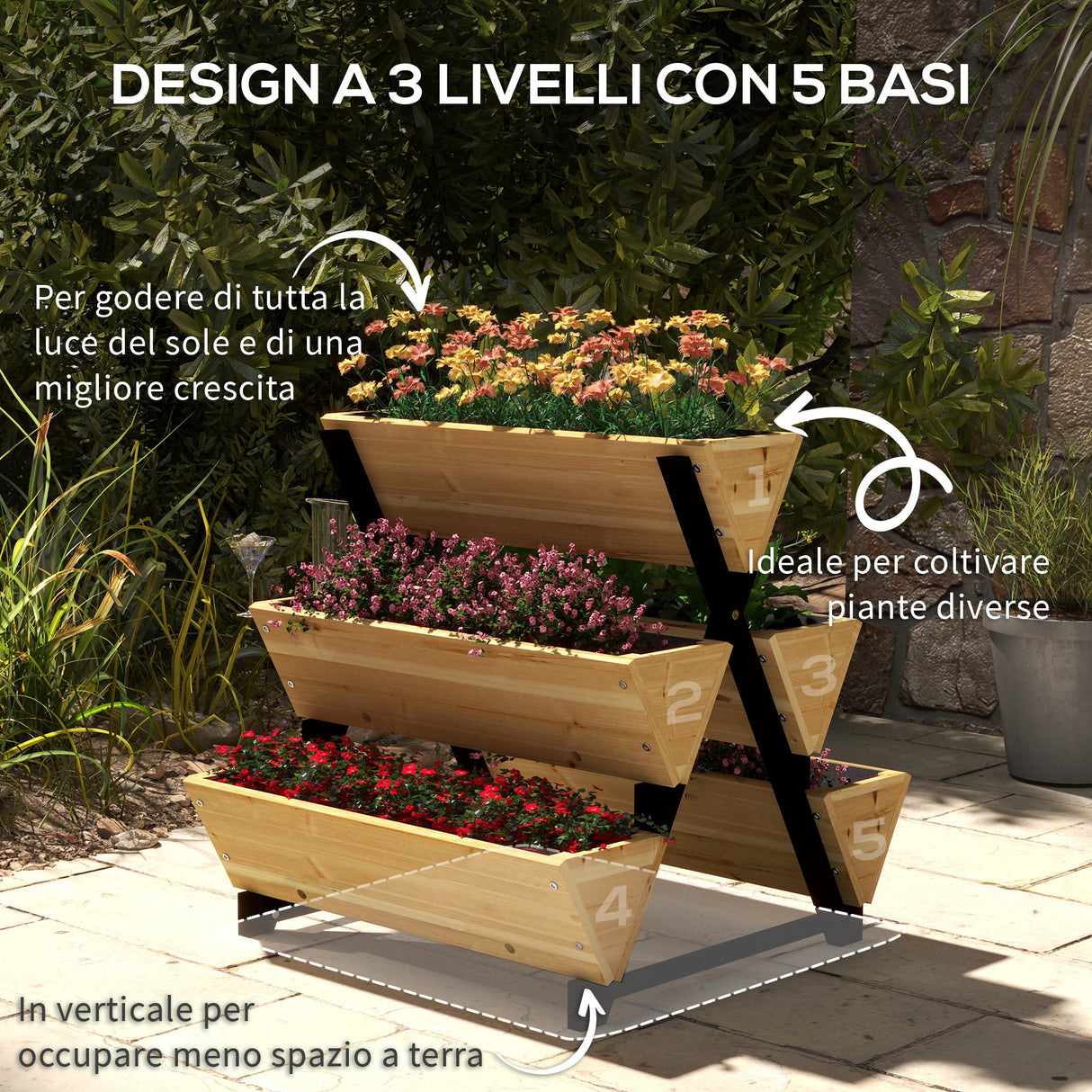 easycomfort easycomfort fioriera da esterno a 3 livelli con 5 strutture in legno di abete con fori di drenaggio 75x78x77 cm