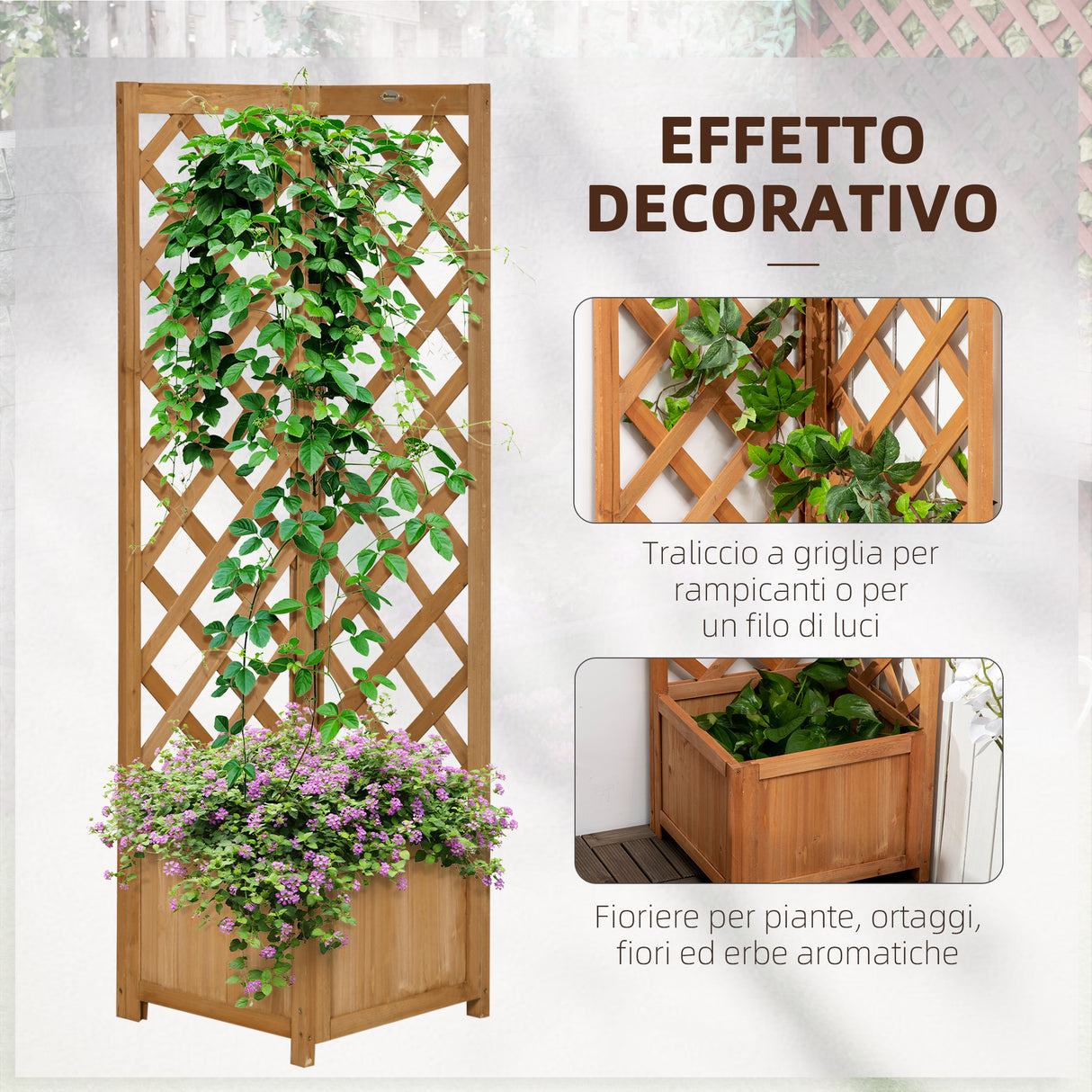 easycomfort easycomfort fioriera da giardino in legno di abete marrone con grigliato per rampicanti e decorazioni 40x40x145 cm