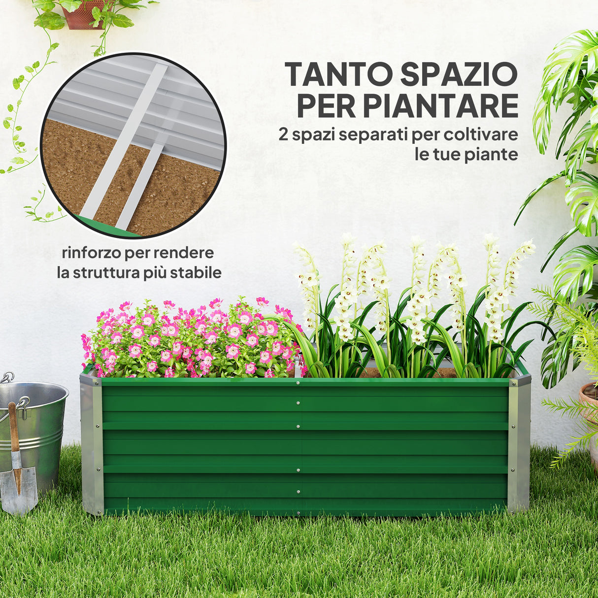 easycomfort easycomfort fioriera da giardino senza fondo con 2 aree di coltivazione in acciaio 125x47x40 cm verde