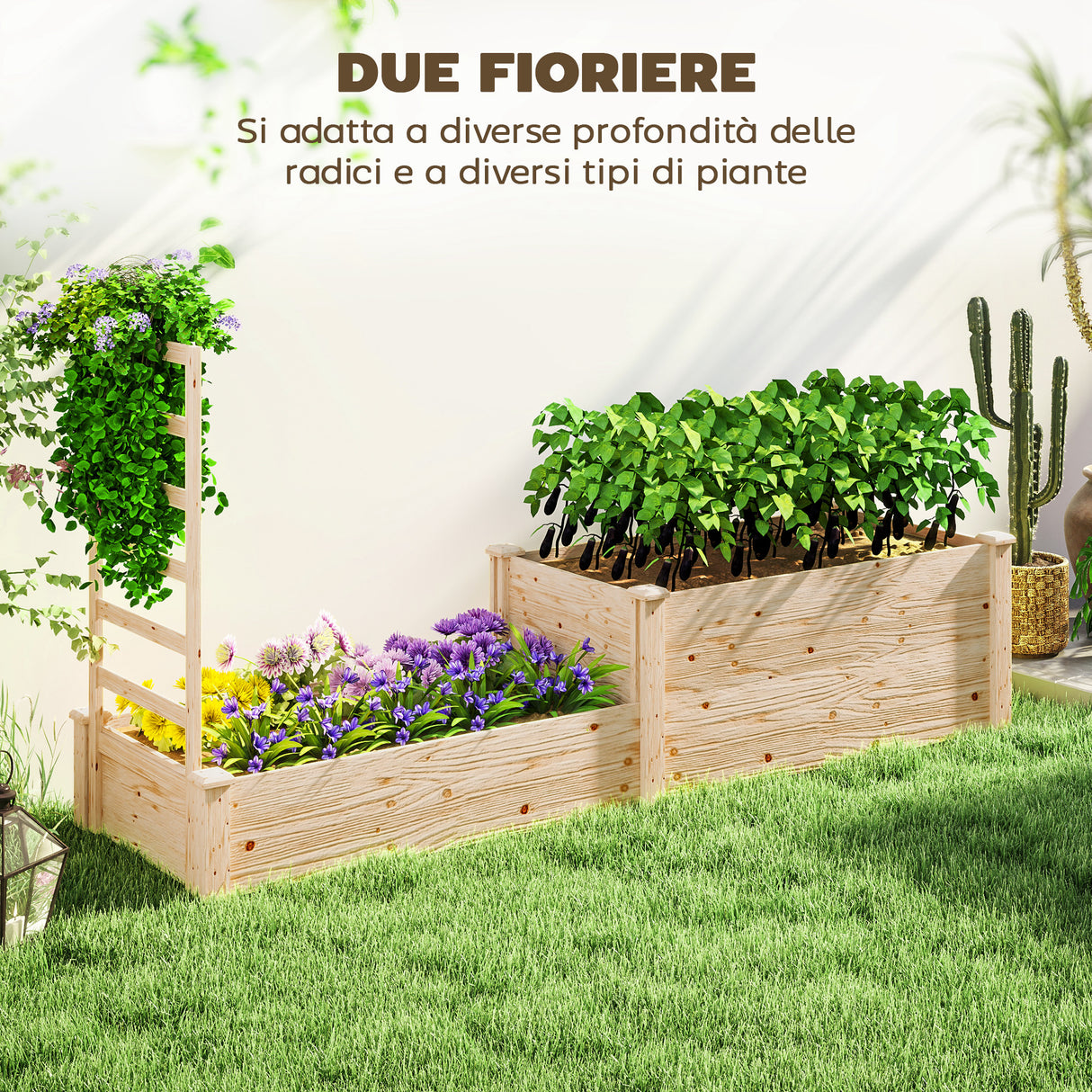 easycomfort easycomfort fioriera rialzata con grigliato per rampicanti e divisorio in legno di abete 222x63x132 cm color legno