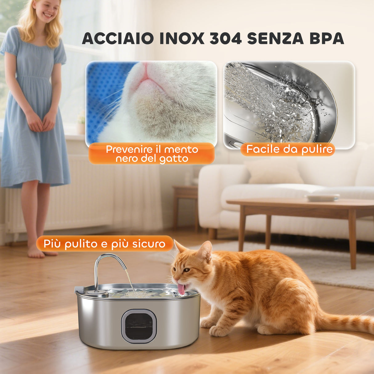 easycomfort easycomfort fontanella per gatto da 7l con luce led e spazzola in acciaio inox 304 32x22 1x22 3 cm argento