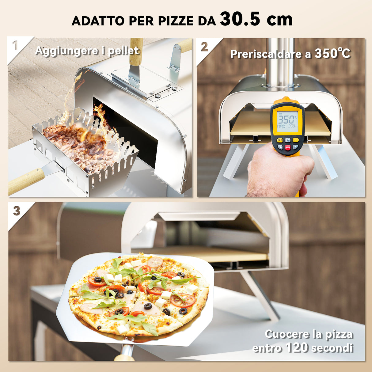 easycomfort easycomfort forno per pizza a pellet di legno con pietra refrattaria e pala in acciaio inox 79x36x75 cm argento