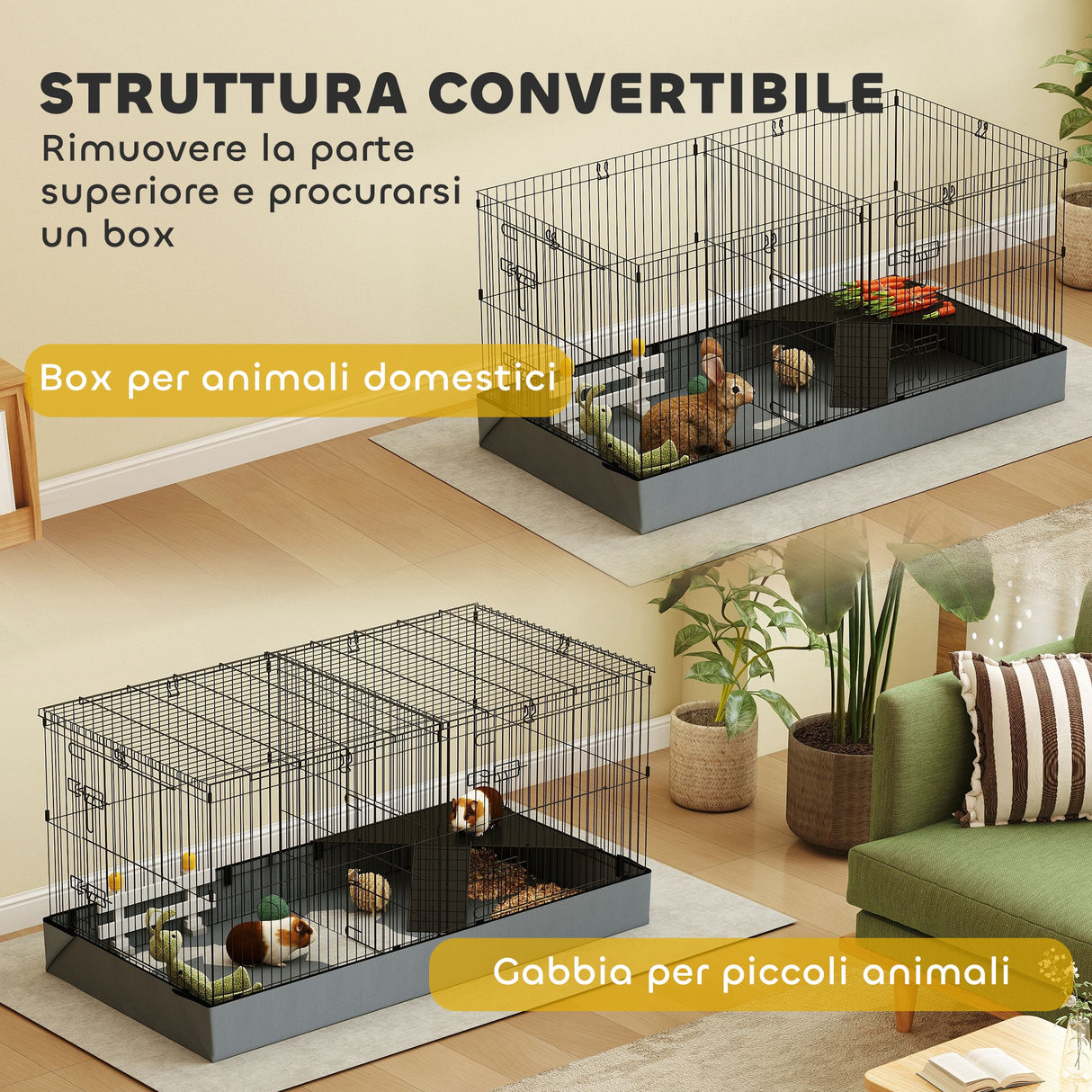 easycomfort easycomfort gabbia per animali piccoli 2 in 1 coperchio rimovibile e sezioni separate 121x61x61 cm nero