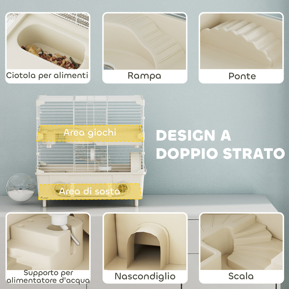 easycomfort easycomfort gabbia per criceti a 2 livelli e 3 porte con ruota e tubi in acciaio ps e pp 44 5x28x44 cm crema e bianco