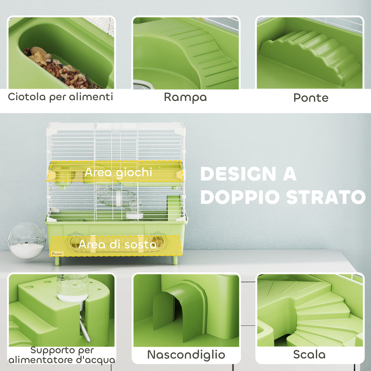 easycomfort easycomfort gabbia per criceti a 2 livelli e 3 porte con ruota e tubi in acciaio ps e pp 44 5x28x44 cm verde e bianco