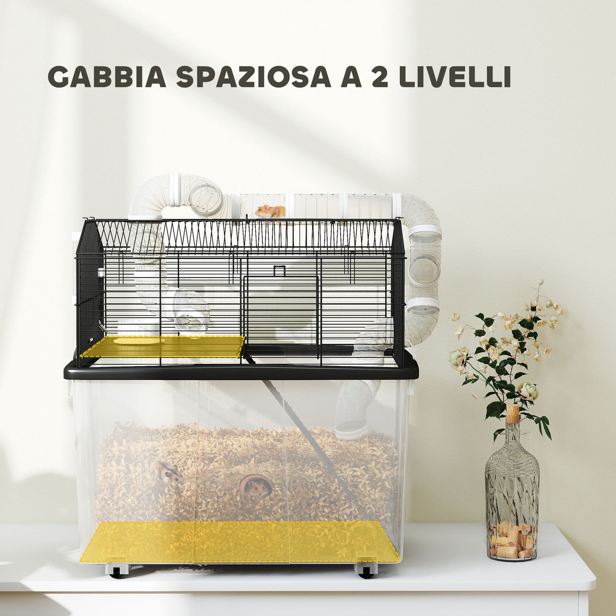 easycomfort easycomfort gabbia per criceti a 2 piani con ruote tubi ciotola bottiglia e rampa 58x43x57 cm nero