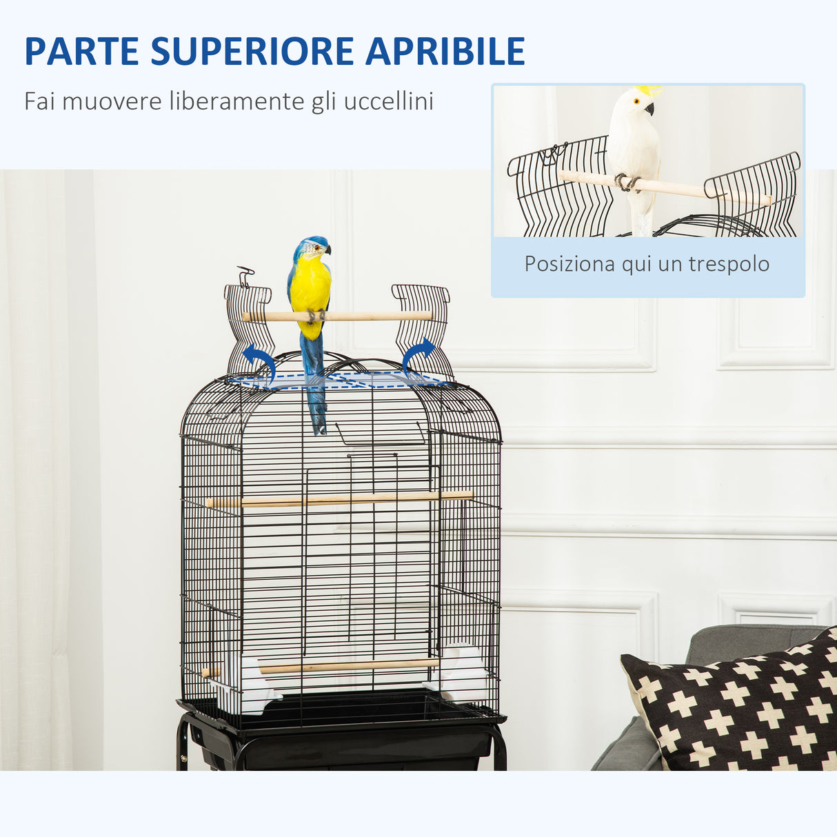easycomfort easycomfort gabbia per uccelli con 3 posatoi 2 ciotole e 2 porte laterali in acciaio pp e legno 46x36x130 cm nera