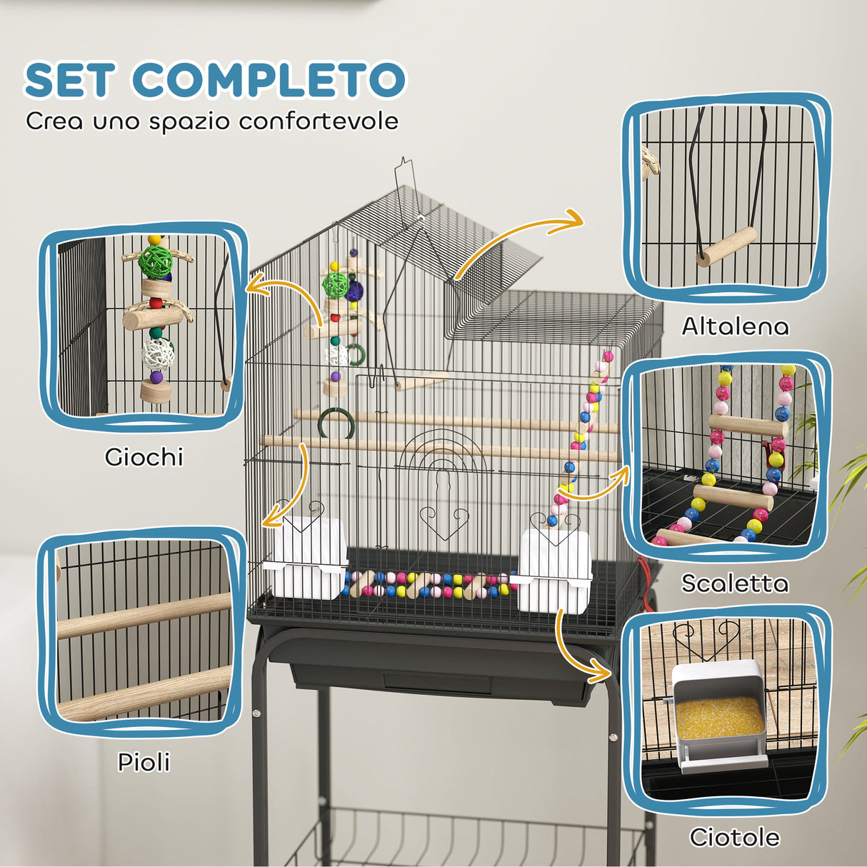 easycomfort easycomfort gabbia per uccelli con piedistallo ruote girevoli ripiano e accessori 46x36x120 cm nero