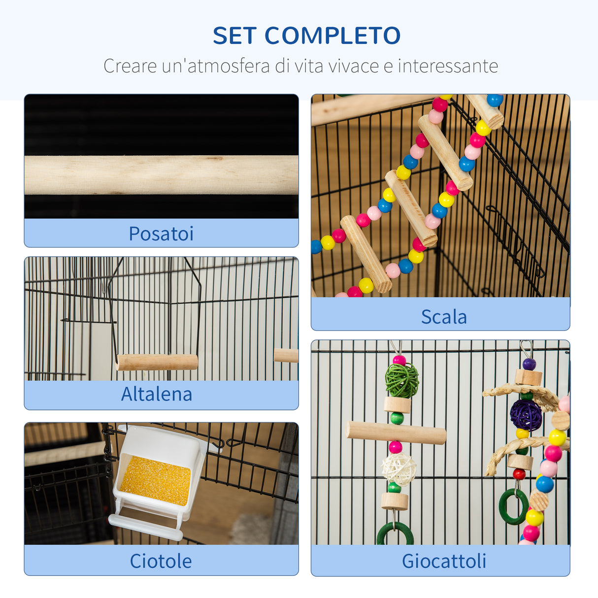 easycomfort easycomfort gabbia per uccelli con scaletta altalena ciotole e giochi in acciaio pp e legno 46x36x100 cm nera