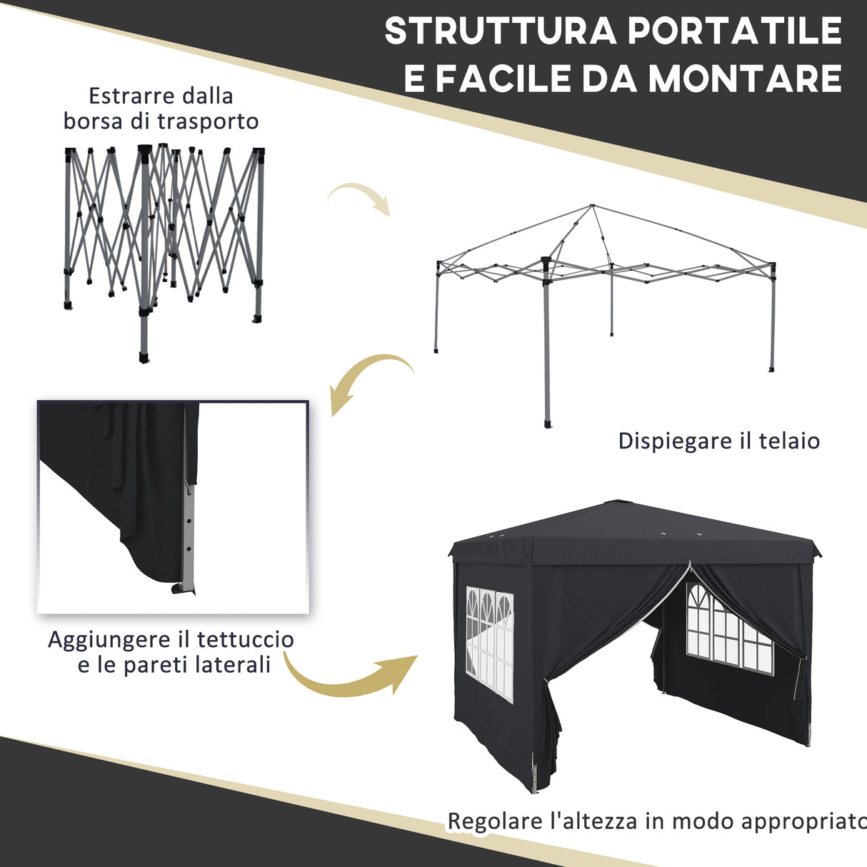 easycomfort easycomfort gazebo 3x3 ad altezza regolabile con fori di drenaggio e borsa da trasporto in metallo grigio