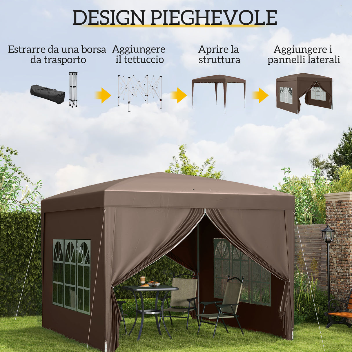 easycomfort easycomfort gazebo da esterno 3x3 m pieghevole con 4 pannelli laterali in acciaio e tessuto oxford color caffe