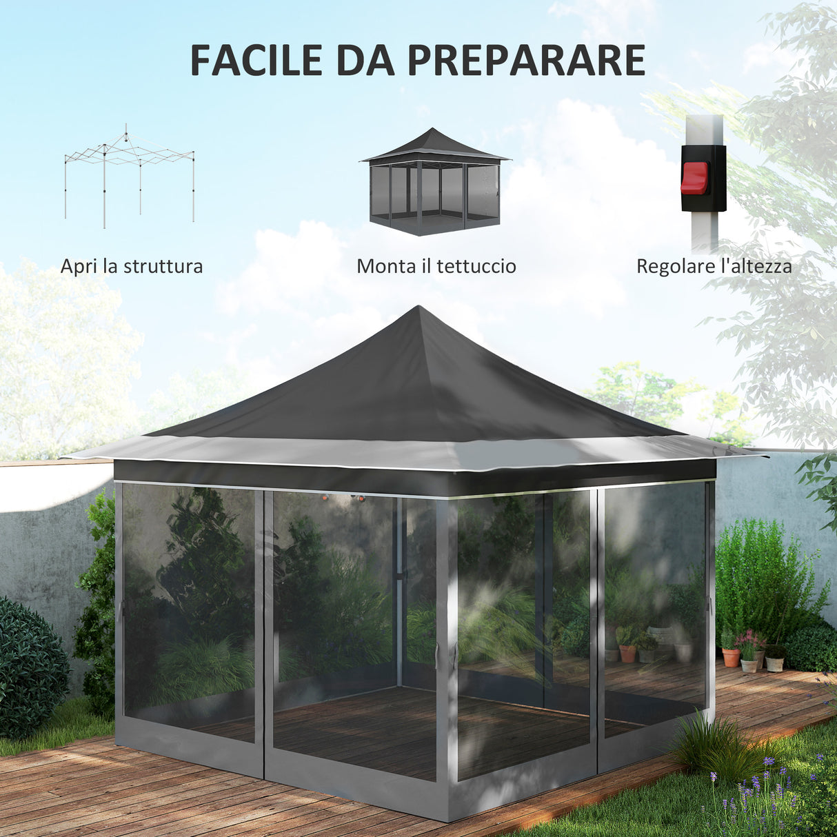 easycomfort easycomfort gazebo da giardino ad altezza regolabile con zanzariera in poliestere e metallo 357x357x310 cm grigio scuro