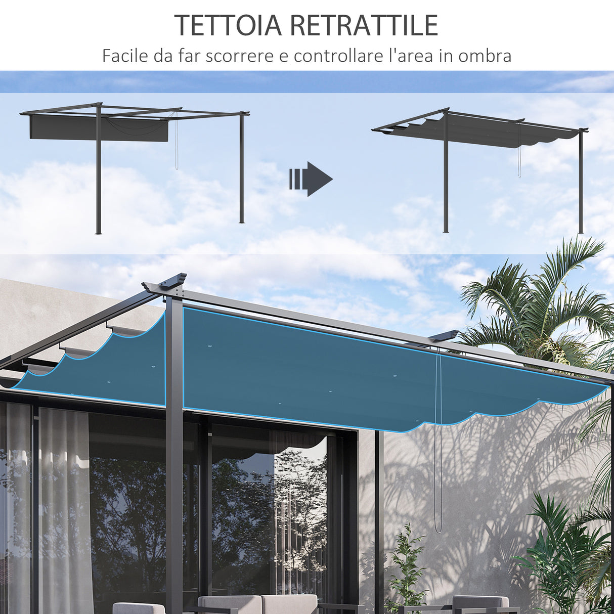 easycomfort easycomfort gazebo pergola 4x3m in acciaio e poliestere con tettuccio scorrevole grigio