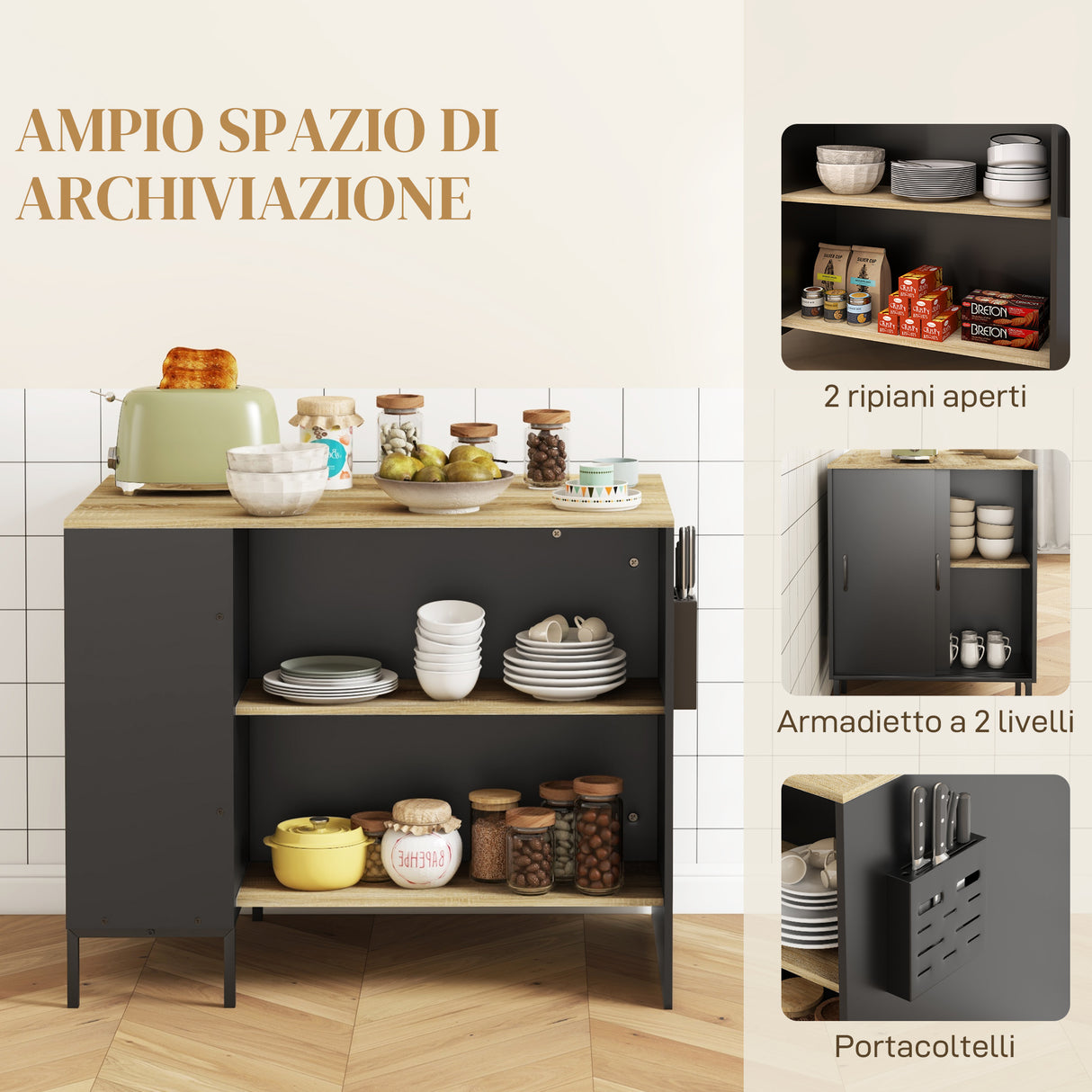 easycomfort easycomfort isola da cucina con ripiani portacoltelli e armadietto con anta scorrevole 14 5x70x90cm nero