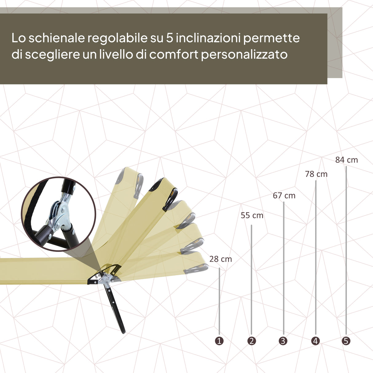 easycomfort easycomfort lettino da giardino con schienale regolabile in 5 posizioni in acciaio e tessuto oxford 188x56x28 cm beige