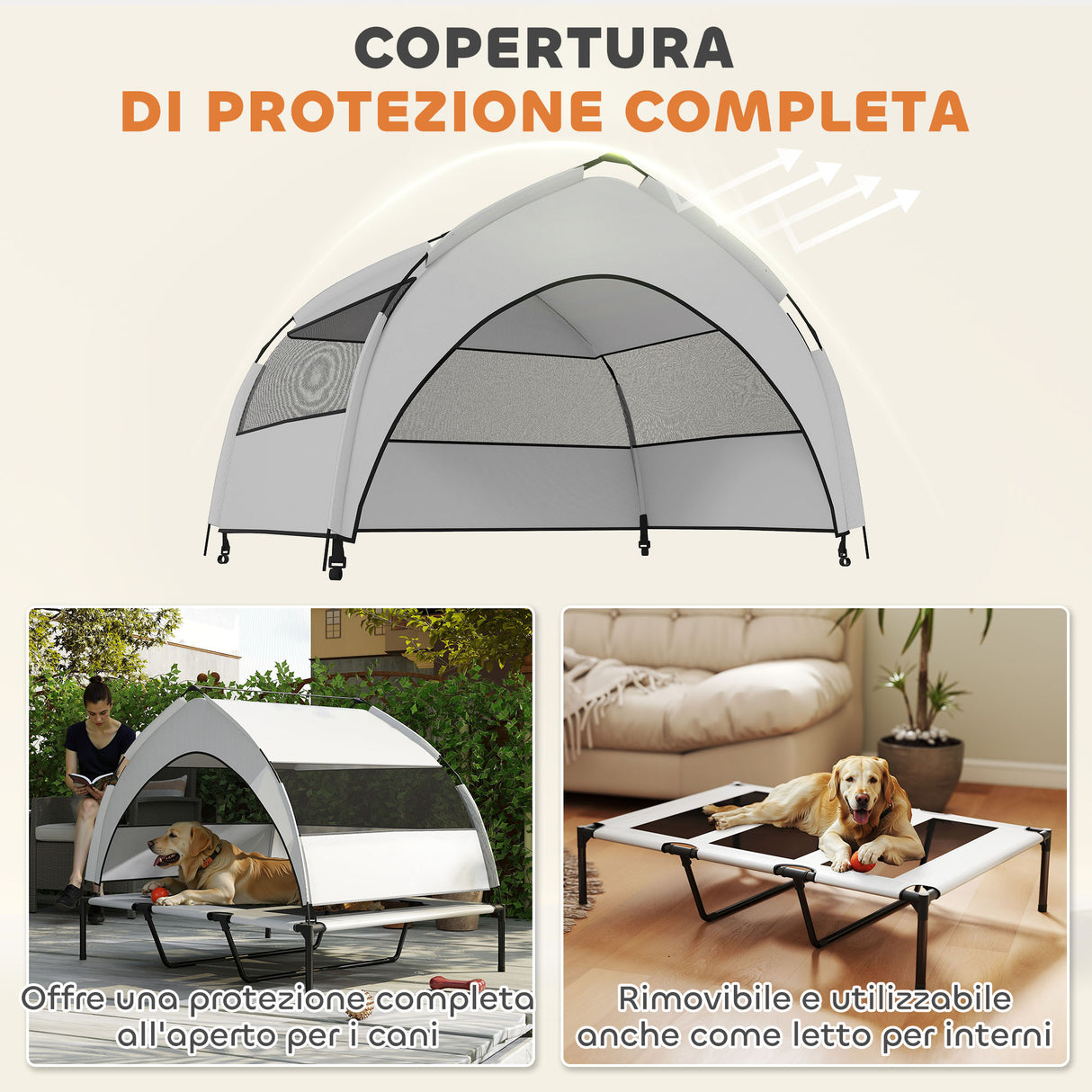easycomfort easycomfort lettino per cani con copertura a 3 lati rimovibile in poliestere e acciaio 122x92x94 cm grigio chiaro e nero