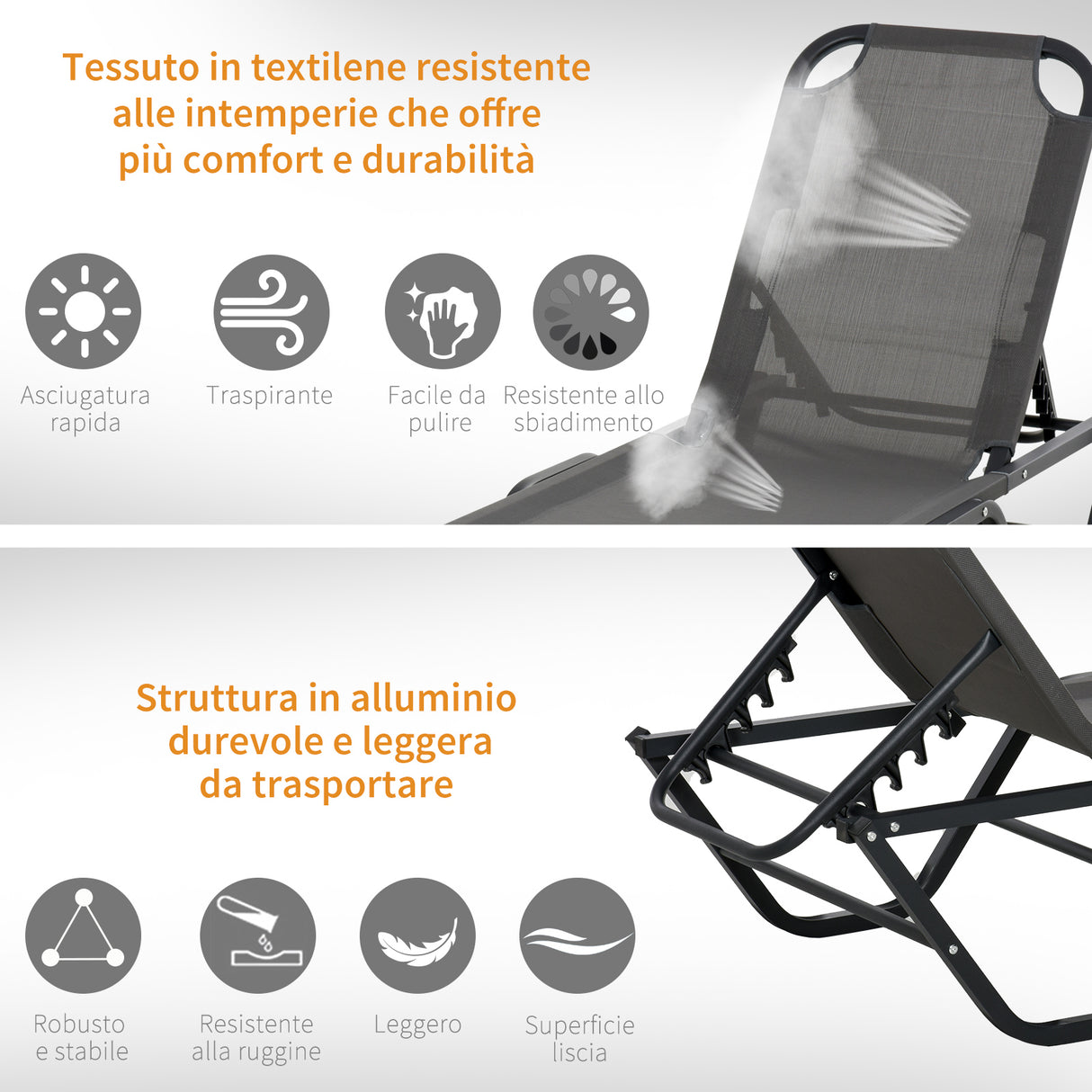 easycomfort easycomfort lettino prendisole in alluminio con schienale reclinabile a 5 livelli 163x58 5x91cm grigio