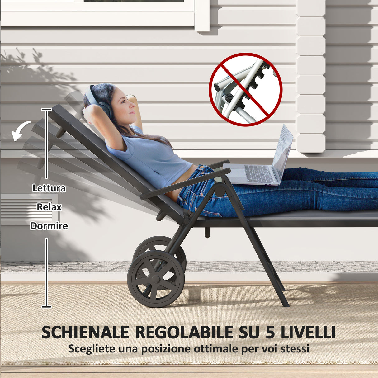 easycomfort easycomfort lettino sdraio pieghevole e reclinabile in 5 posizioni con rotelle in metallo e textilene 72x158x84 cm grigio