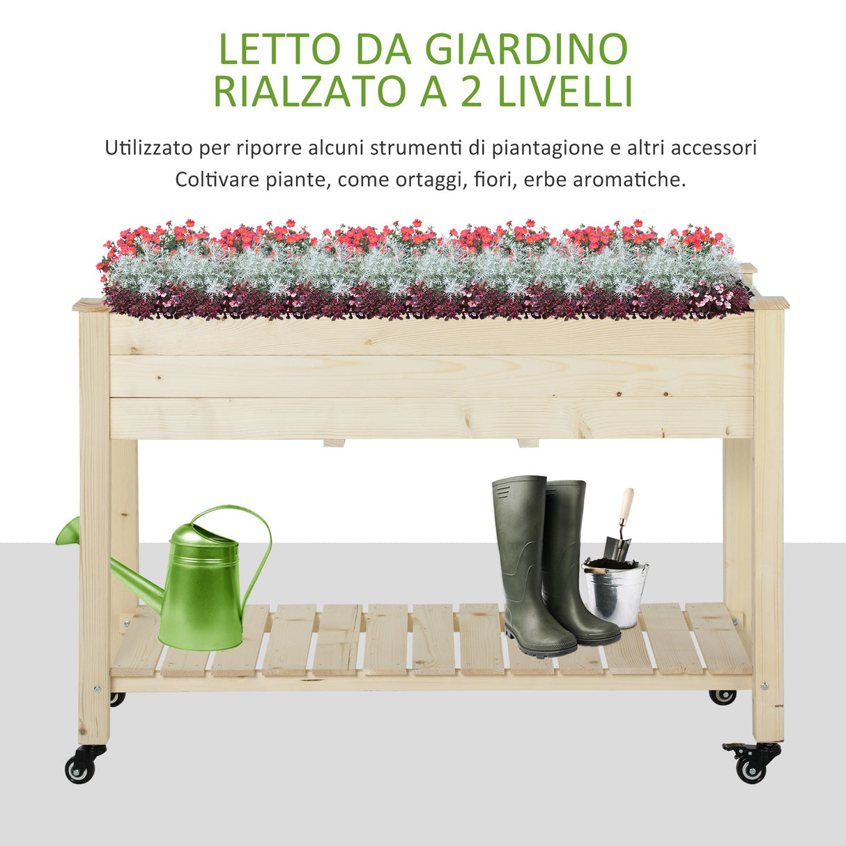 easycomfort easycomfort letto per orto rialzato in legno con rotelle e ripiano inferiore 118x55x83cm legno naturale