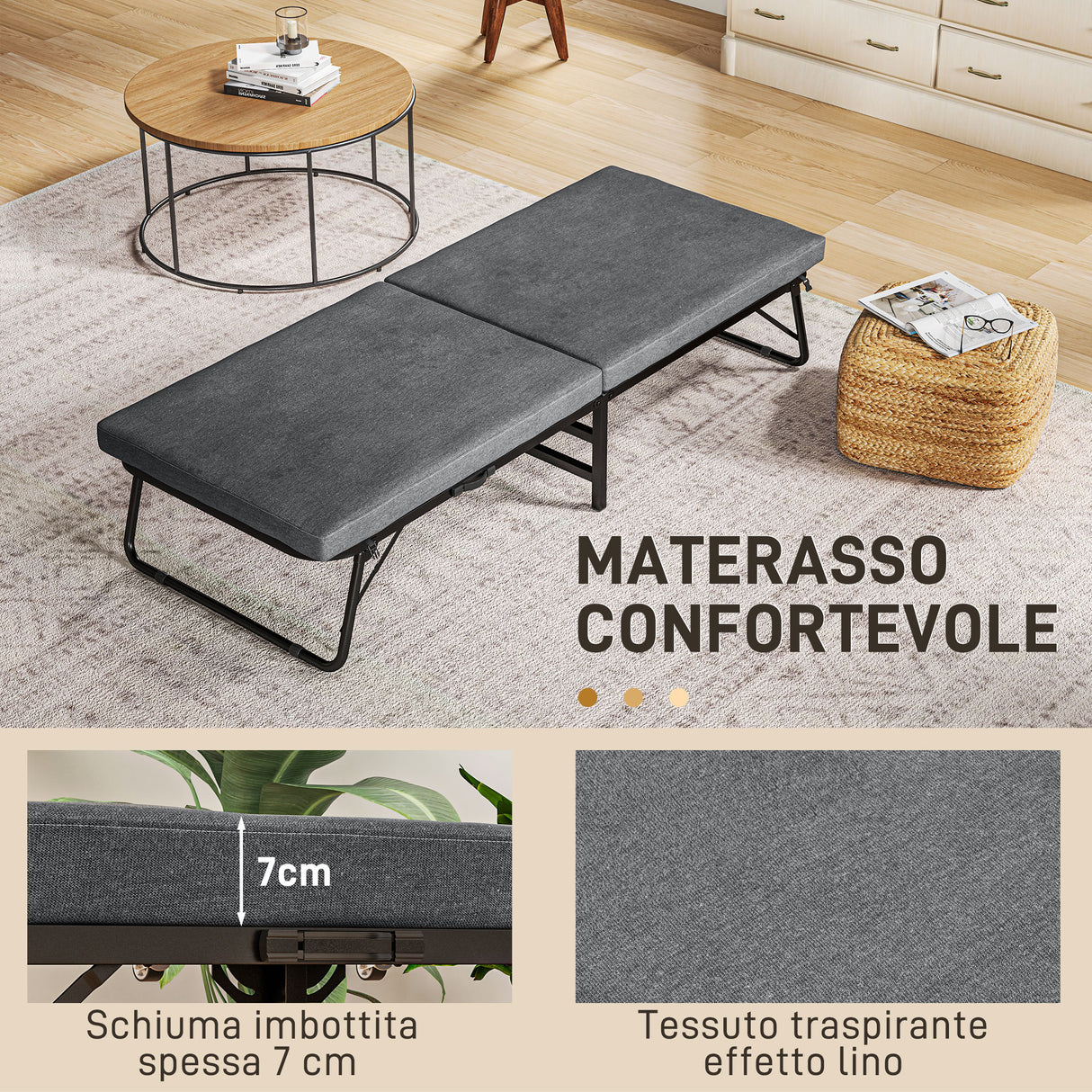 easycomfort easycomfort letto pieghevole su 5 livelli con materasso e 4 rotelle in metallo e tessuto effetto lino 180x70x38 cm grigio