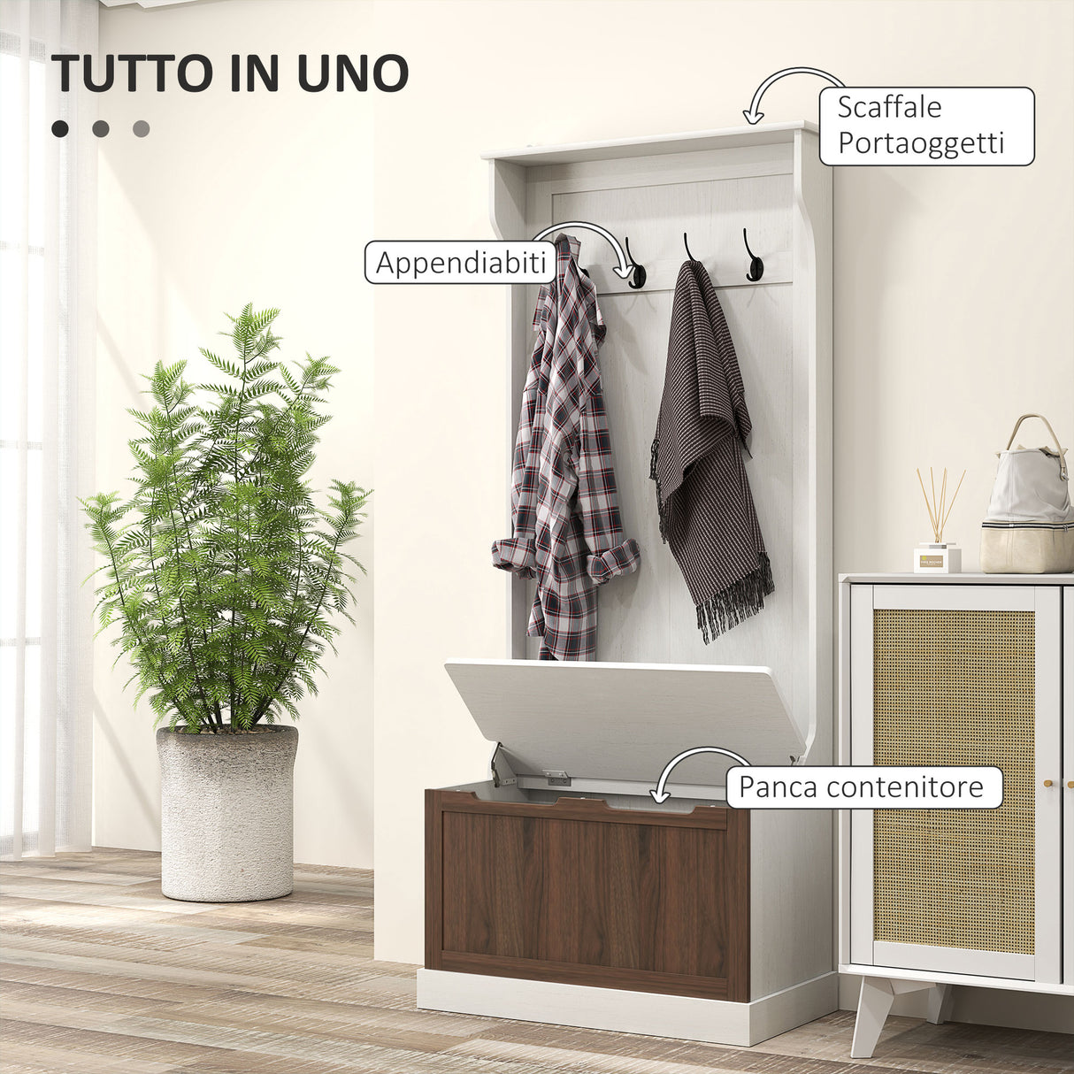 easycomfort easycomfort mobile appendiabiti 3 in 1 con 4 ganci e panca contenitore in legno 71 5x39 5x170 cm bianco