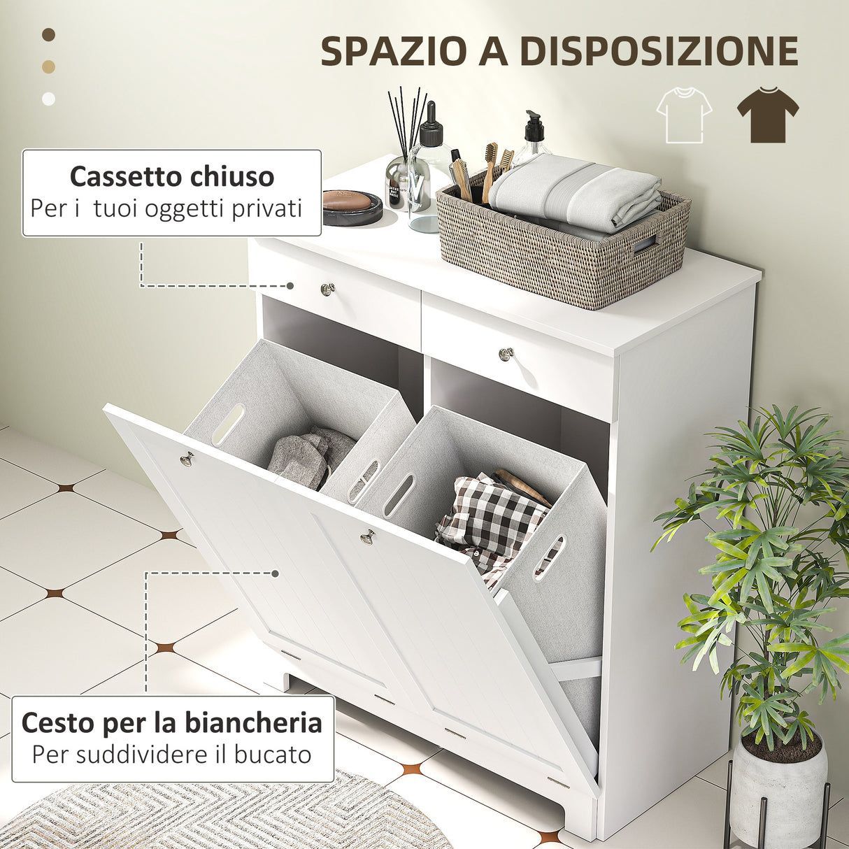 easycomfort easycomfort mobile bagno con 2 ceste portabiancheria rimovibili 2 cassetti e 2 ante a ribalta 78x38x90 cm bianco
