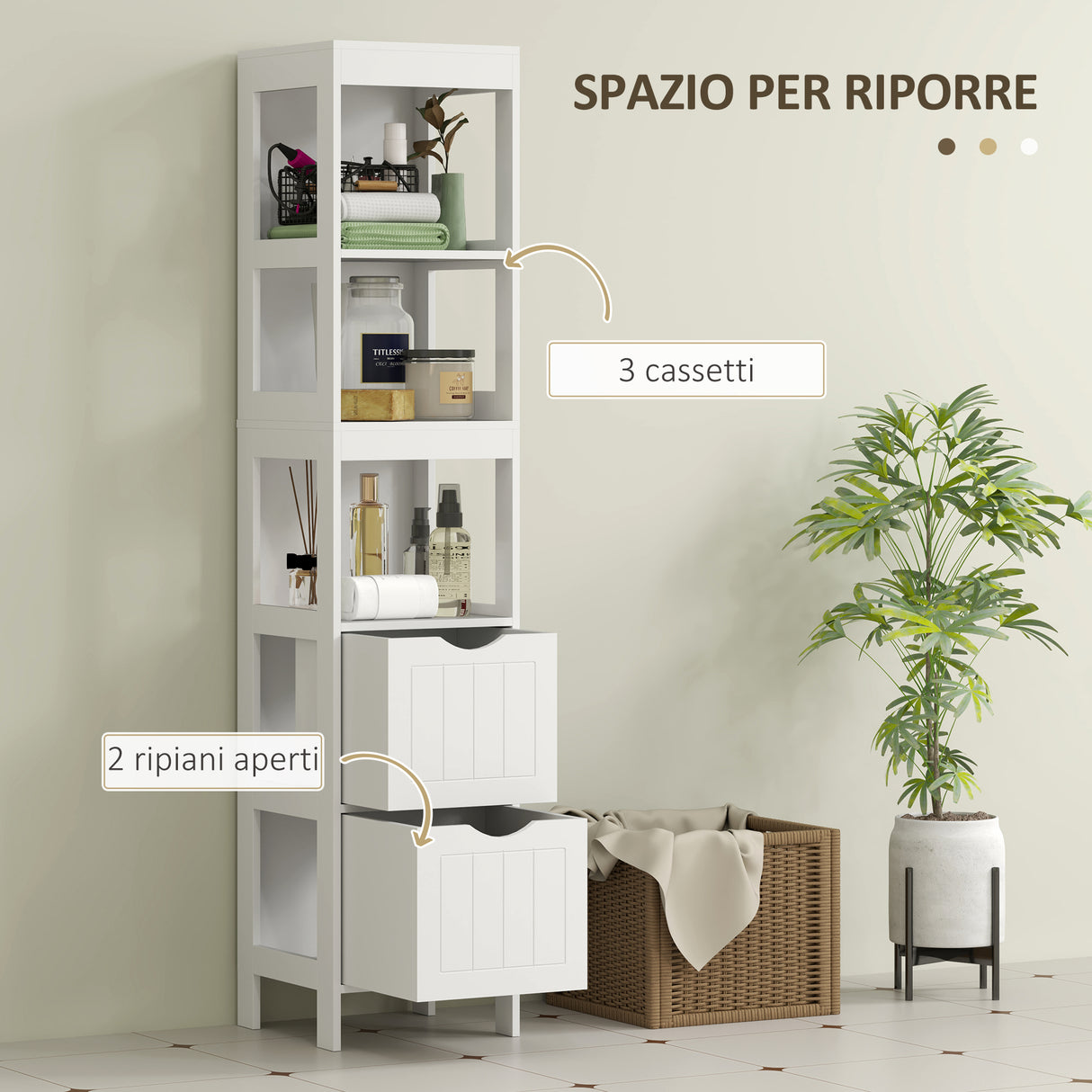 easycomfort easycomfort mobile bagno con 3 ripiani aperti e 2 cassetti in legno 30x30x141 2 cm bianco