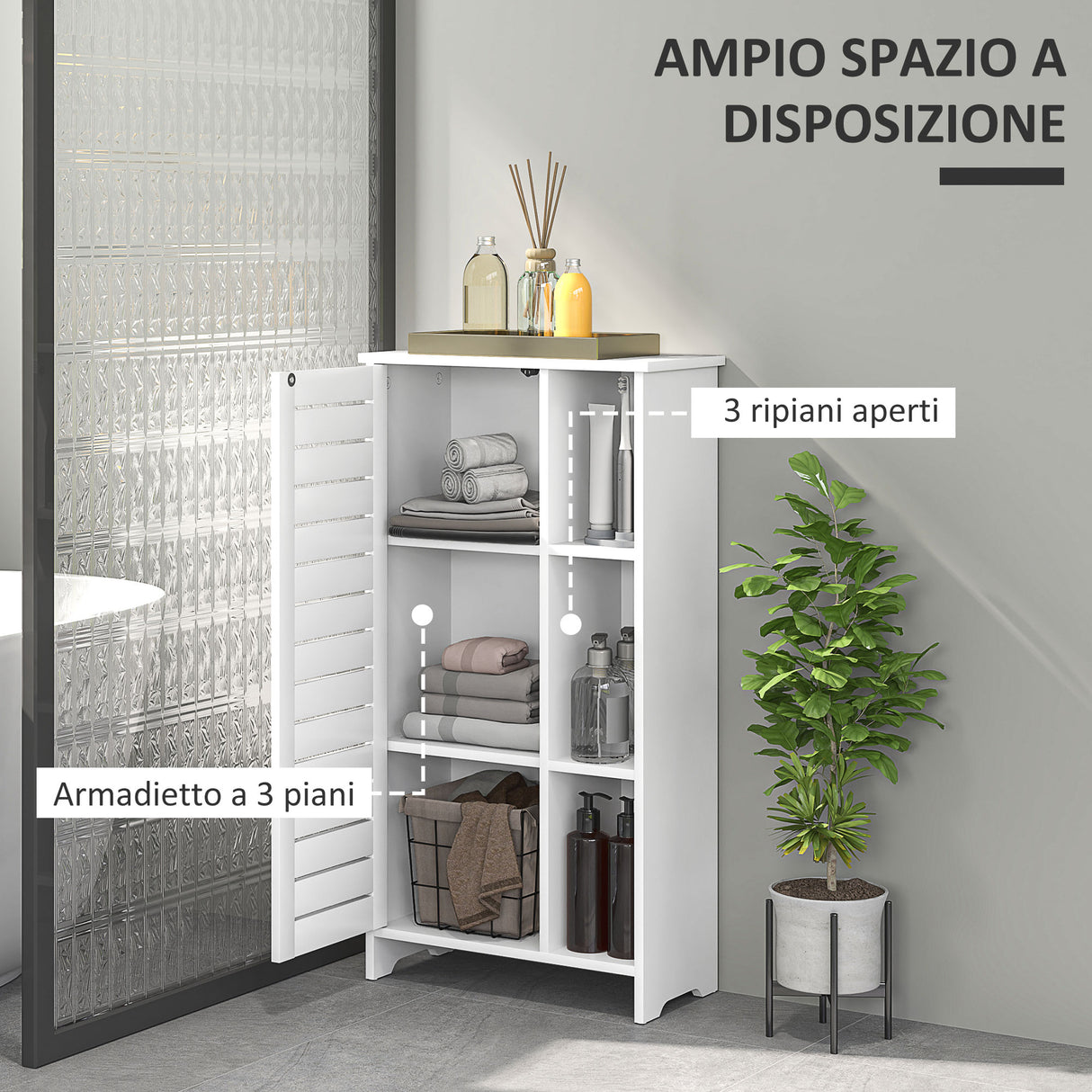 easycomfort easycomfort mobile bagno con armadietto chiuso a 3 livelli e 3 ripiani aperti in legno bianco 48x24x96 5 cm