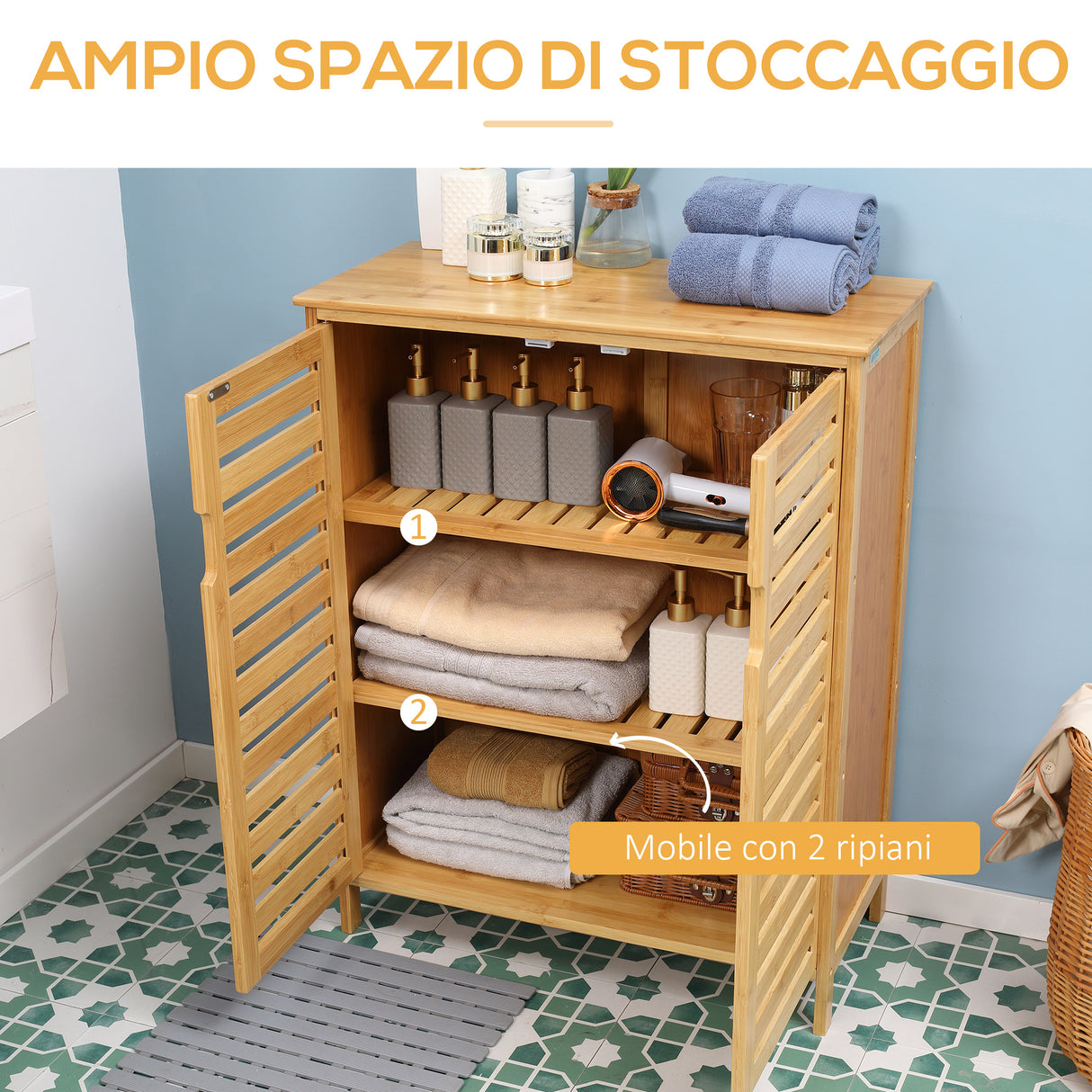easycomfort easycomfort mobile bagno moderno a 2 ante con 2 ripiani ventilati in bambu 68x32x86 cm color legno