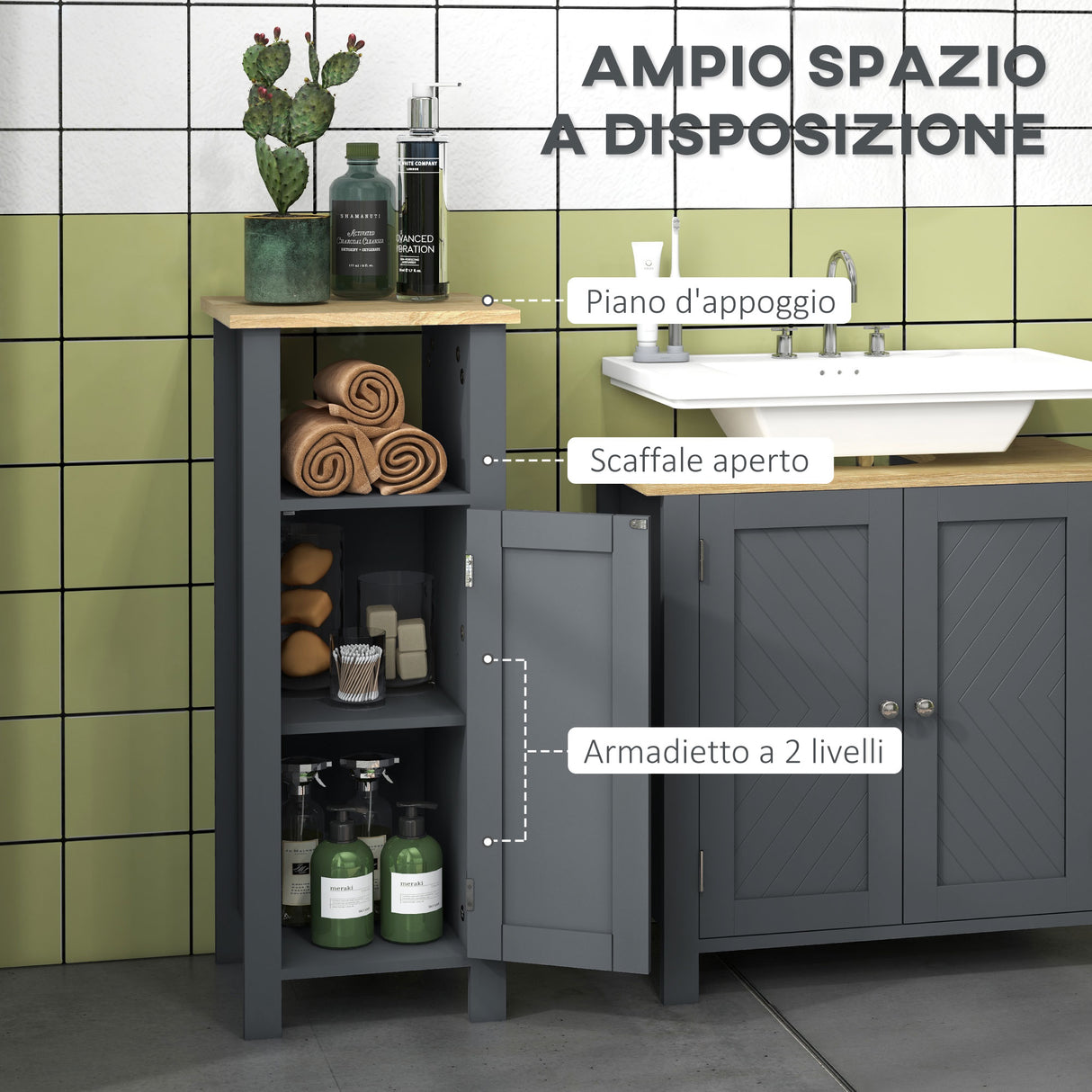 easycomfort easycomfort mobile bagno salvaspazio con armadietto e ripiano aperto in legno 32x30x80cm grigio