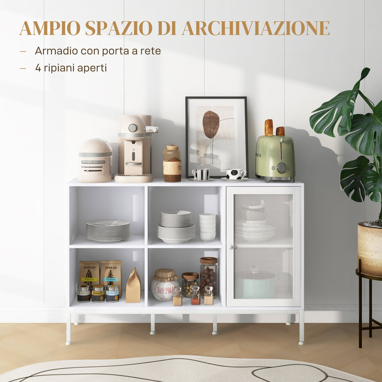 easycomfort easycomfort mobile buffet con 4 ripiani aperti e armadietto in truciolato e acciaio 120x37x81 5 cm bianco