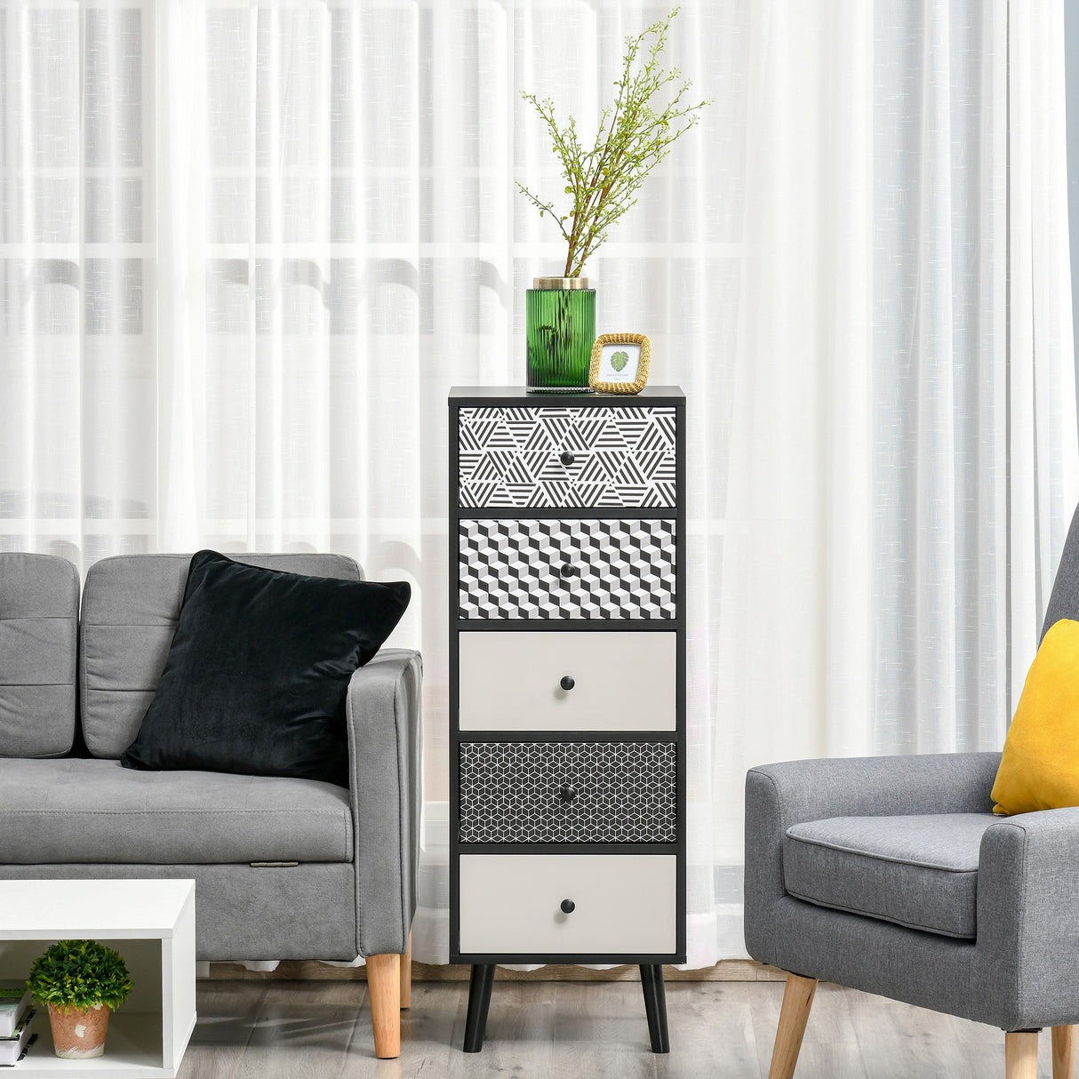 easycomfort easycomfort mobile cassettiera 5 cassetti fantasia geometrica arredamento moderno camera e ingresso 40x40x111 5cm nero grigio