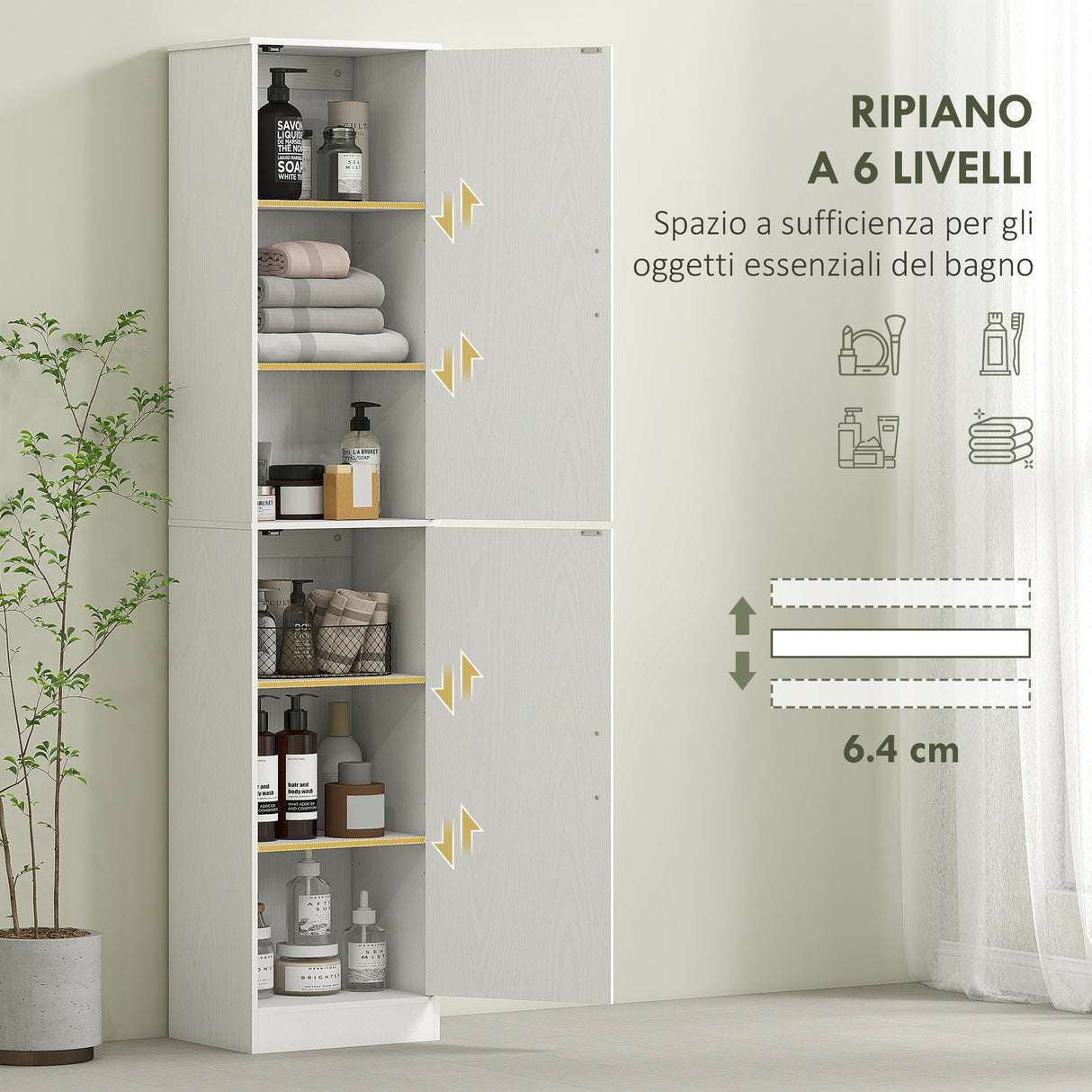 easycomfort easycomfort mobile colonna bagno a 2 armadietti con 6 ripiani regolabili in legno 40x35x180 cm bianco