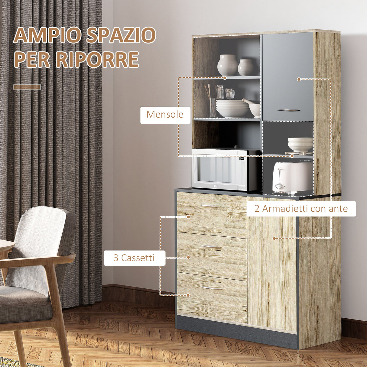 immagine-4-easycomfort-easycomfort-mobile-cucina-credenza-moderna-salvaspazio-con-2-armadietti-3-cassetti-3-ripiani-legno-90-x-39-x-169cm-colore-grigio-rovere-chiaro