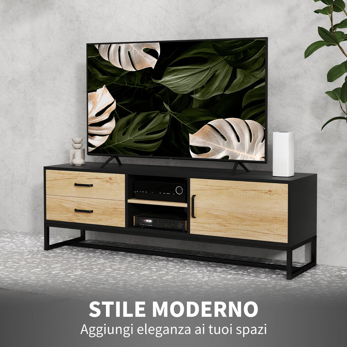 easycomfort easycomfort mobile porta tv 60 con armadietto 2 cassetti e ripiani aperti 140x35x45 cm legno naturale