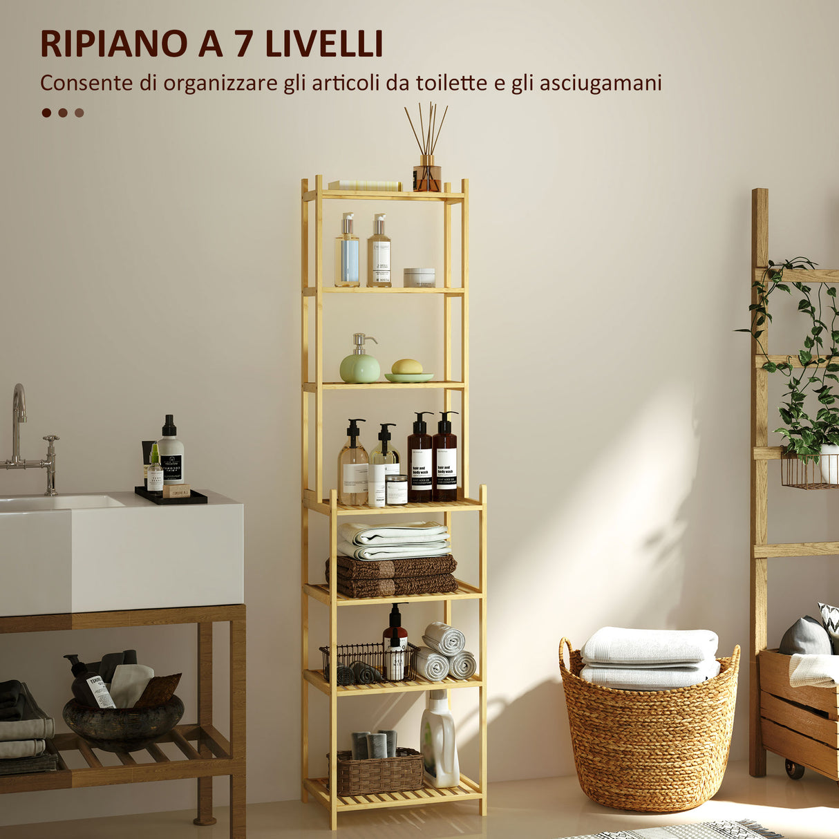 easycomfort easycomfort mobile scaffale bagno a 7 ripiani portaoggetti in bambu 44x33x180 cm color legno