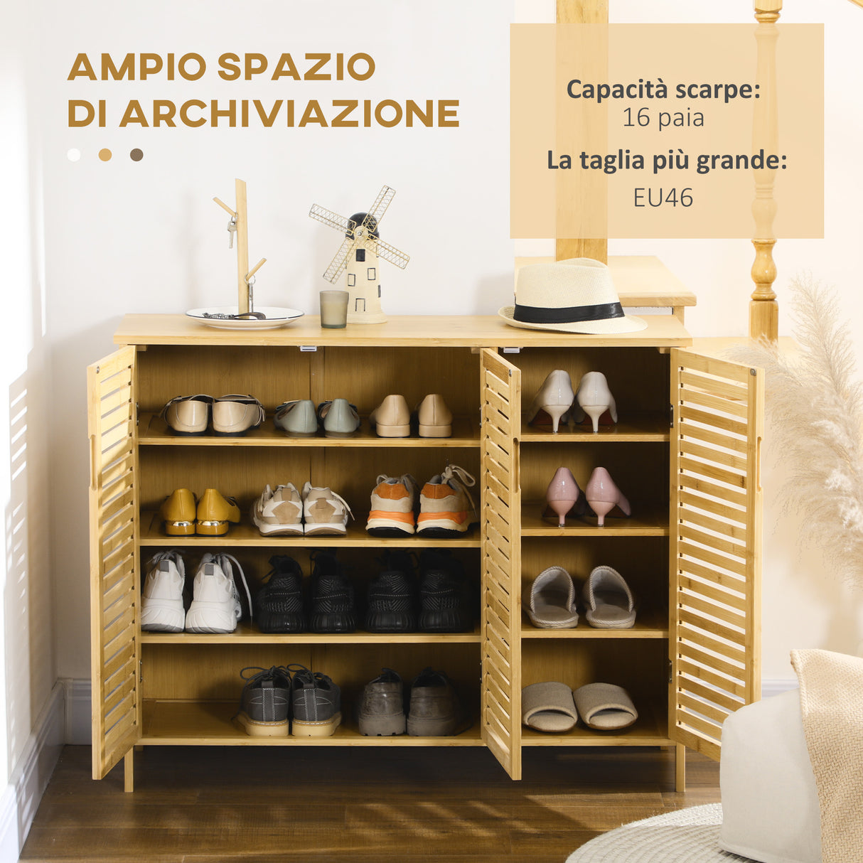 easycomfort easycomfort mobile scarpiera a 8 ripiani su 3 livelli con maniglie in bambu 100x35x80 cm color legno