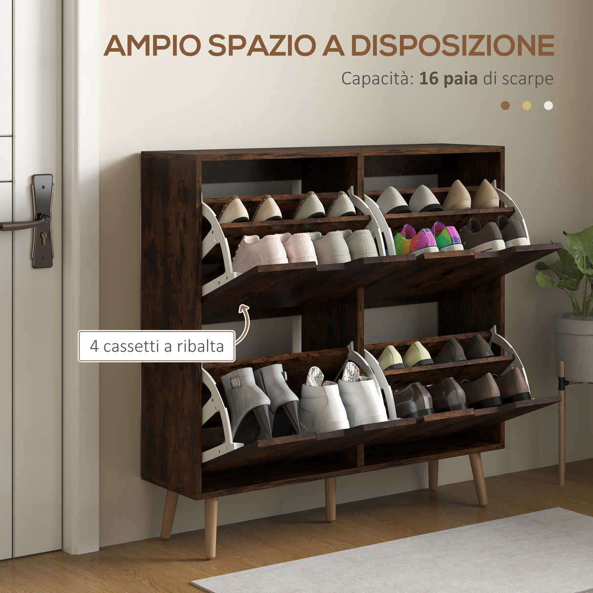 easycomfort easycomfort mobile scarpiera con 4 cassetti ribaltabili a 2 livelli per 16 paia in legno 95x26x95 cm marrone