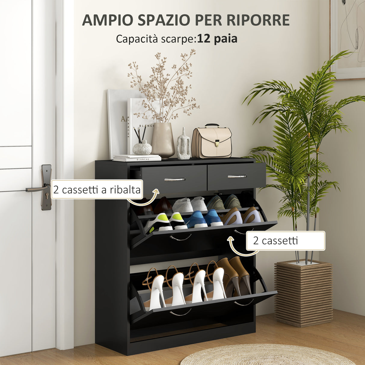 easycomfort easycomfort mobile scarpiera da 12 paia con 2 ripiani interni regolabili e 2 cassetti in legno 80x30x91 5 cm nero