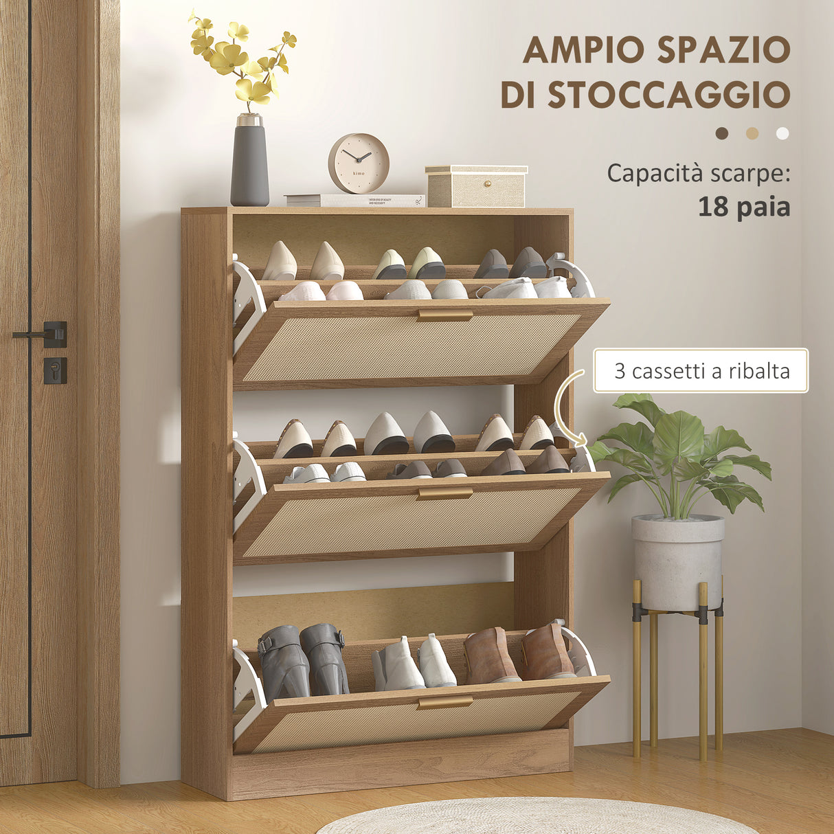 easycomfort easycomfort mobile scarpiera per 18 paia di scarpe con 3 cassetti ribaltabili in legno e rattan 80x25x120 cm marrone