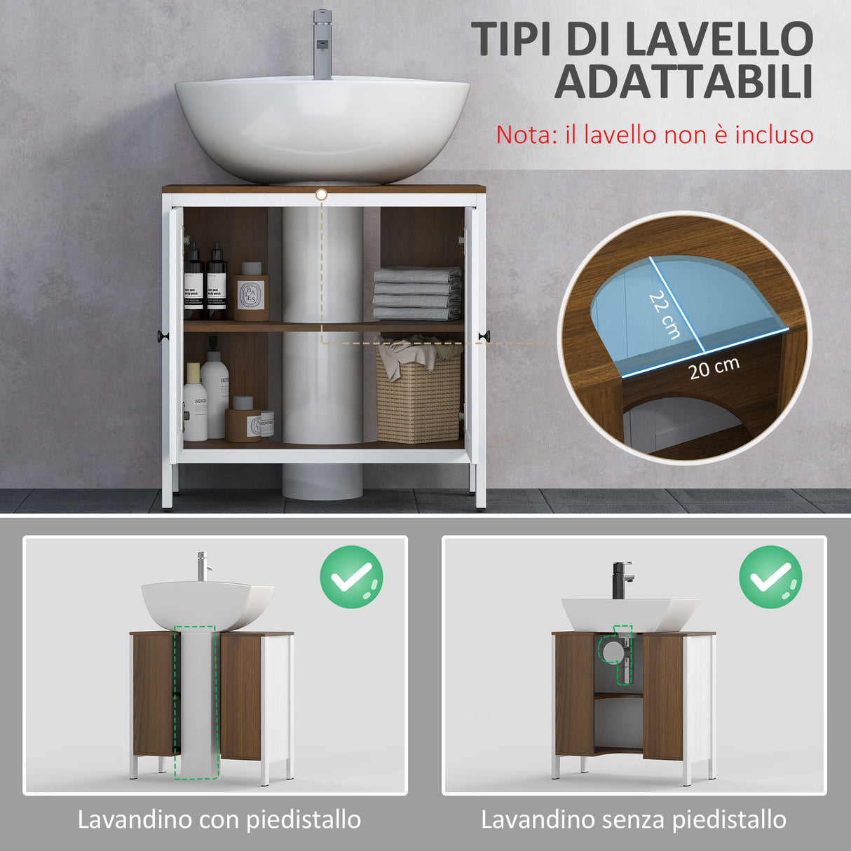 easycomfort easycomfort mobile sotto lavabo bagno in legno con ripiano interno regolabile 60x30x60 cm bianco e color noce
